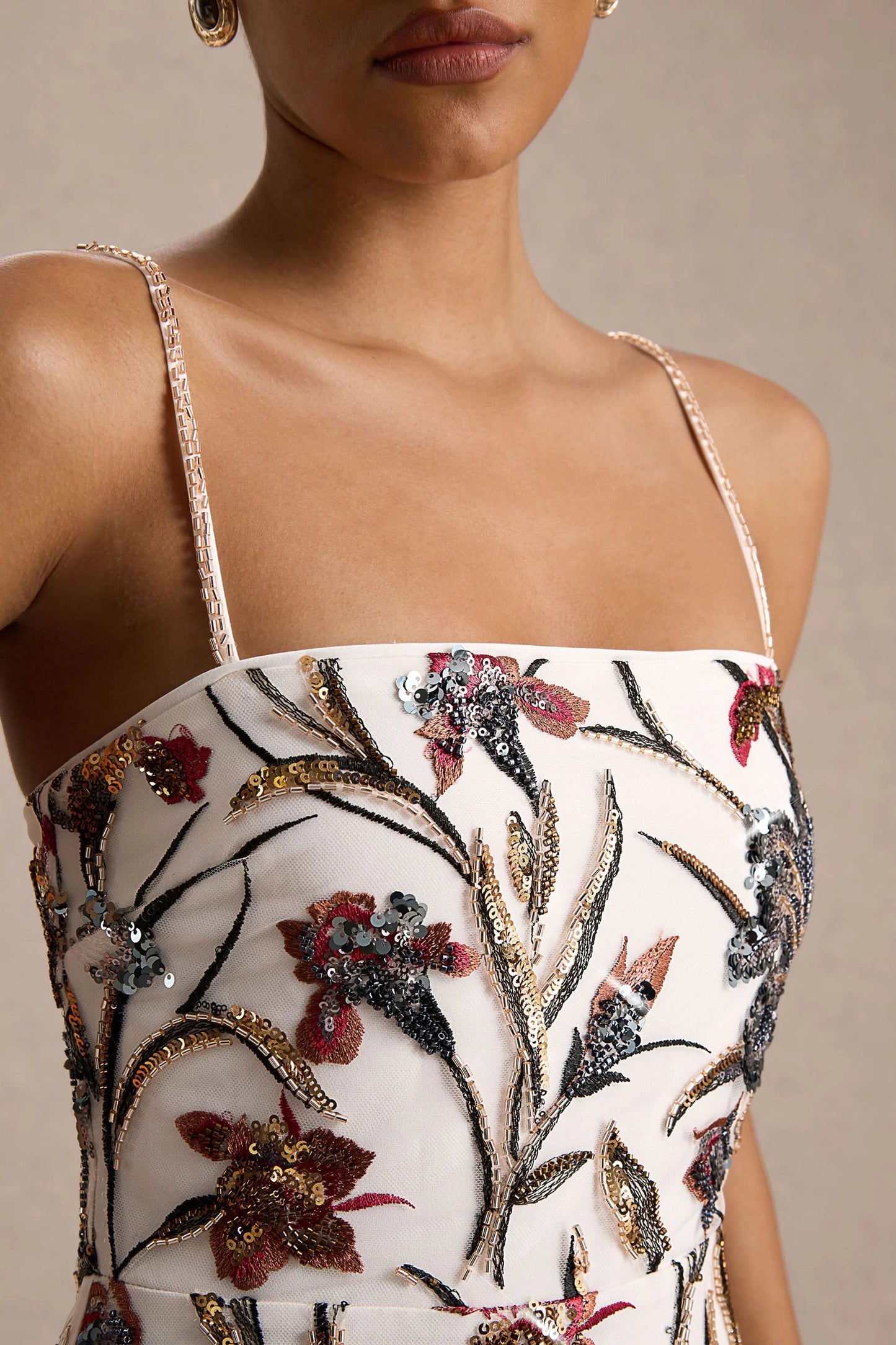 Kyle Cream Sequin Floral Embellished Square-Neck Maxi Dress