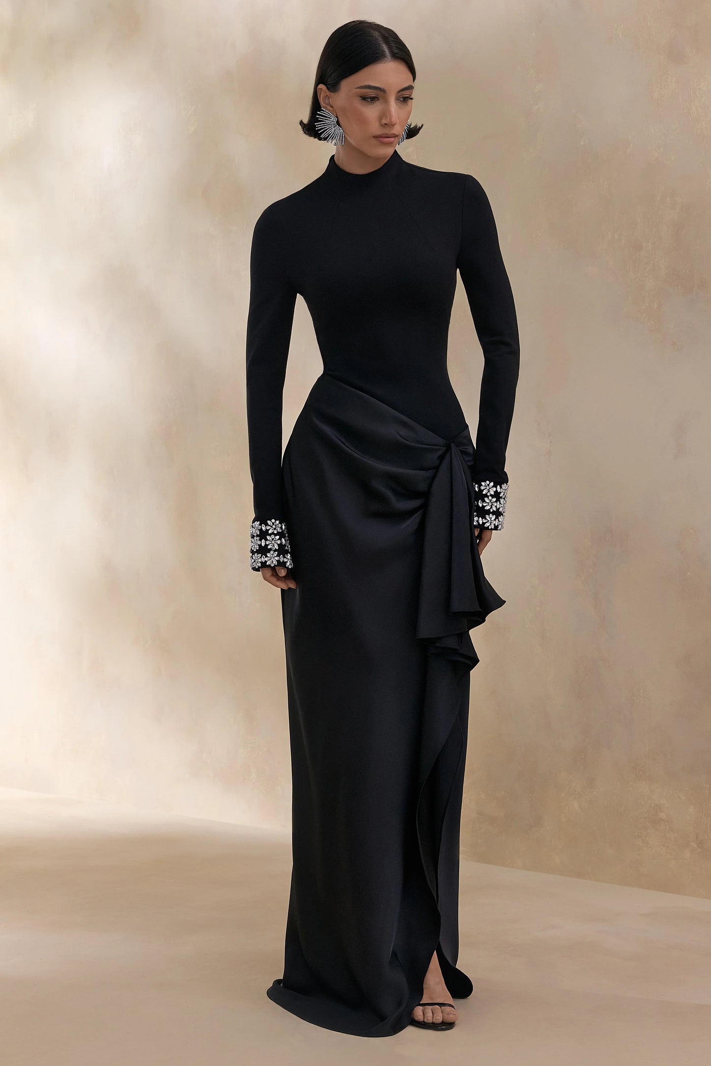 Starred Black High-Neck Maxi Dress With Satin Wrap-Skirt And Embellished Cuffs