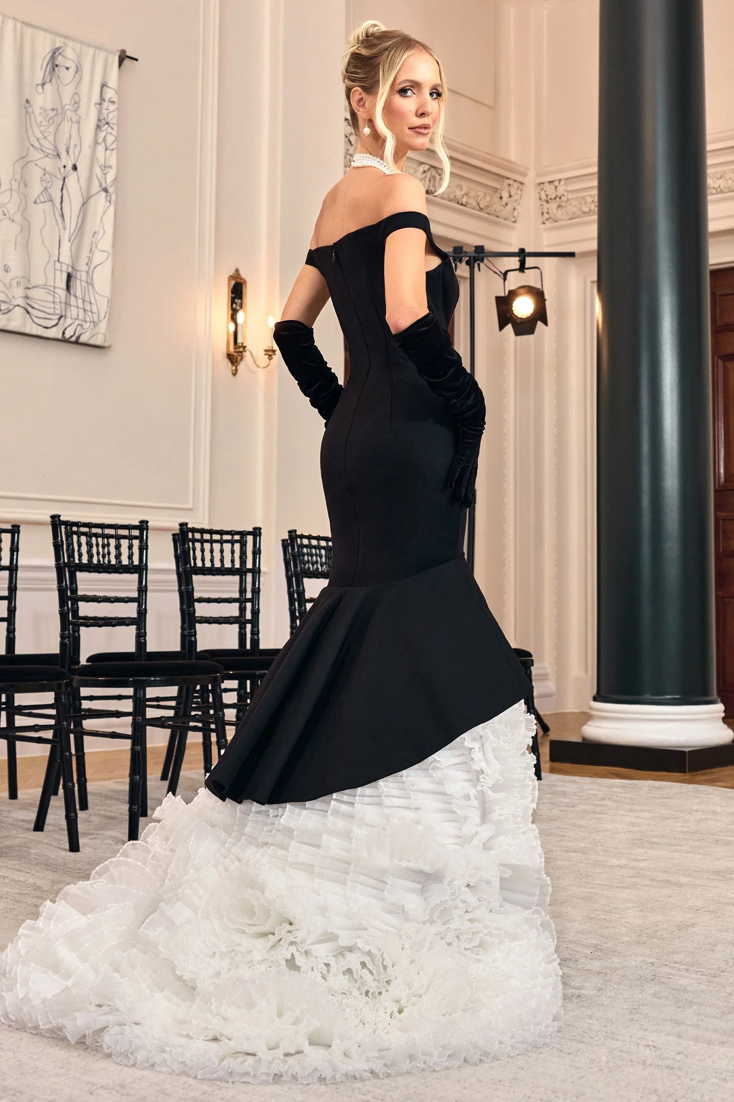 The Greatest Black & Cream Bardot Maxi Dress With Tulle Skirt