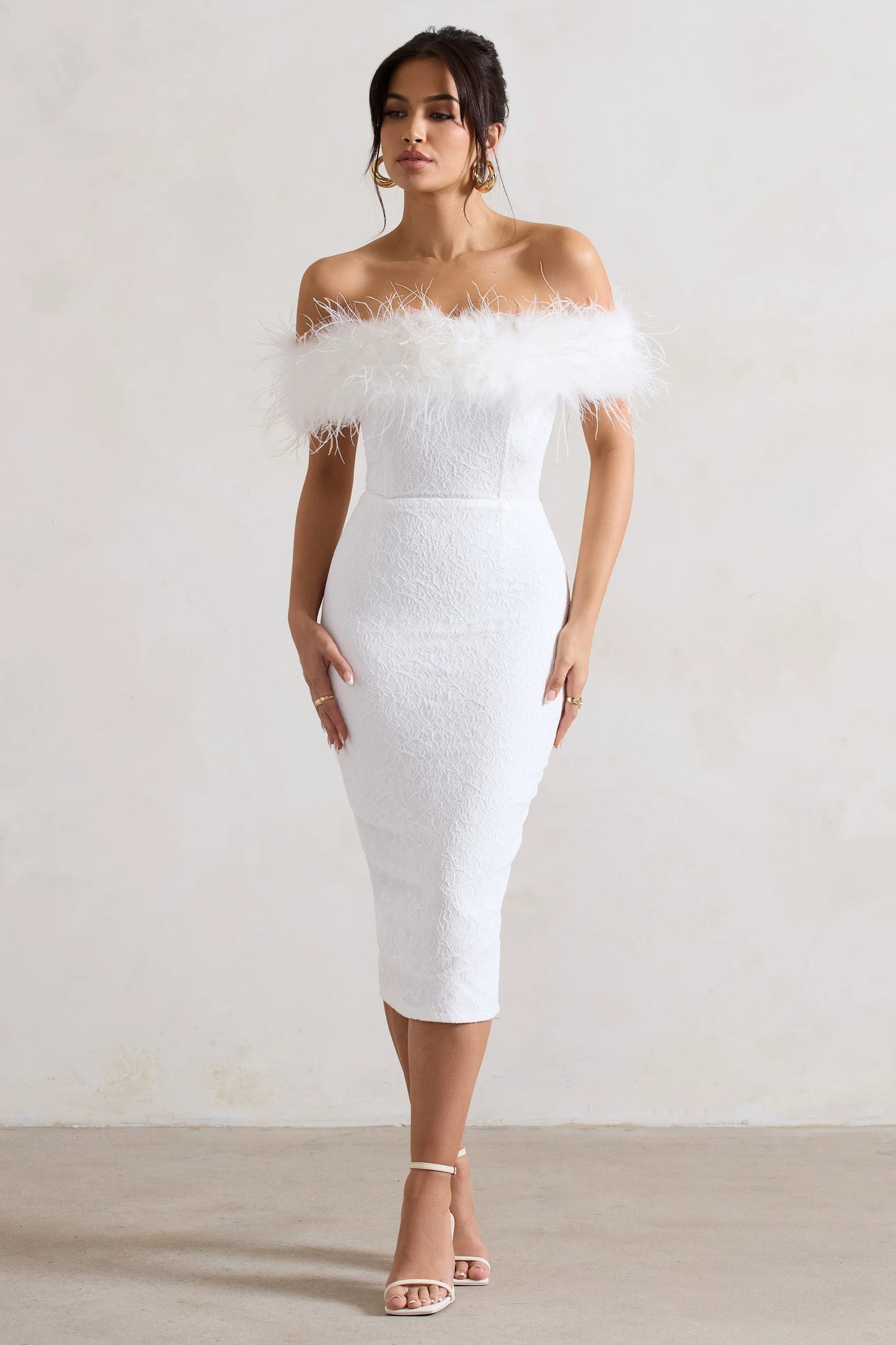Maiden White Lace Bardot Midi Dress With Feather Trim