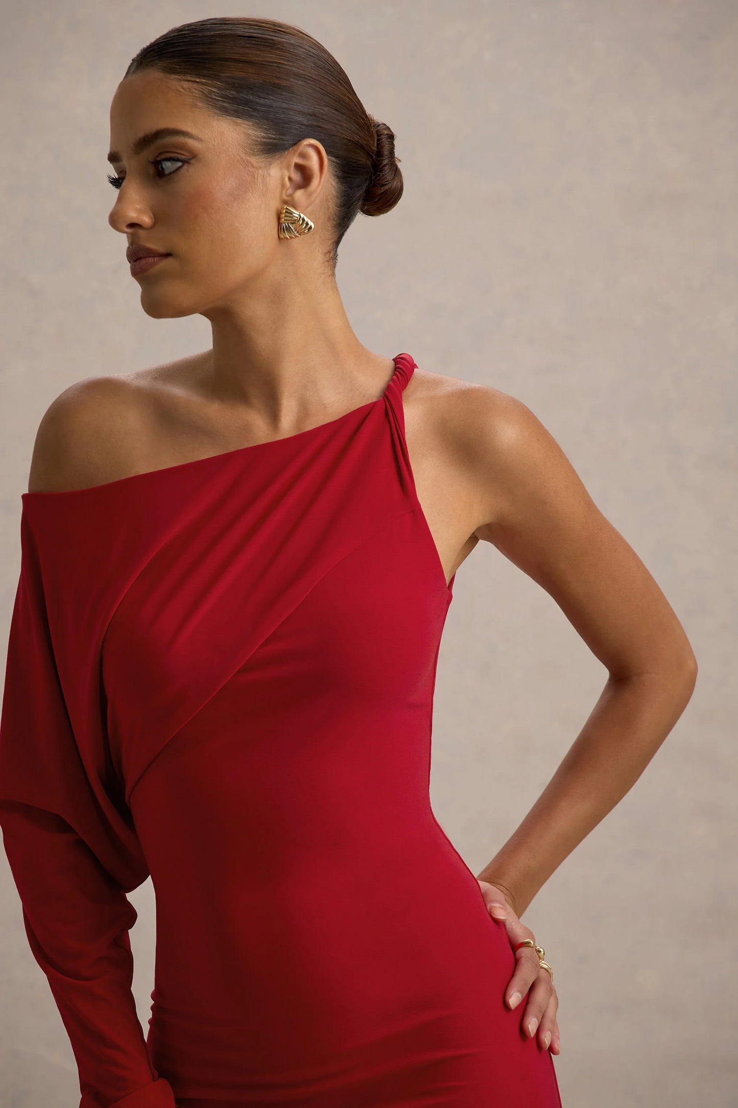 Floria Red Draped One-Sleeve Maxi Dress
