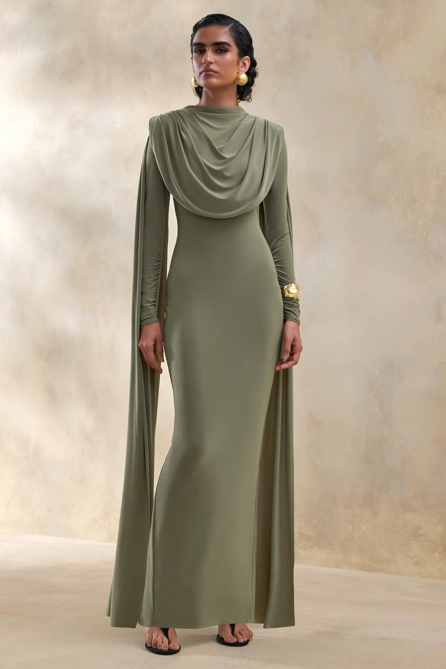 Lysoria Olive High-Neck Maxi Dress With Draped-Detailing And Cape-Sleeves