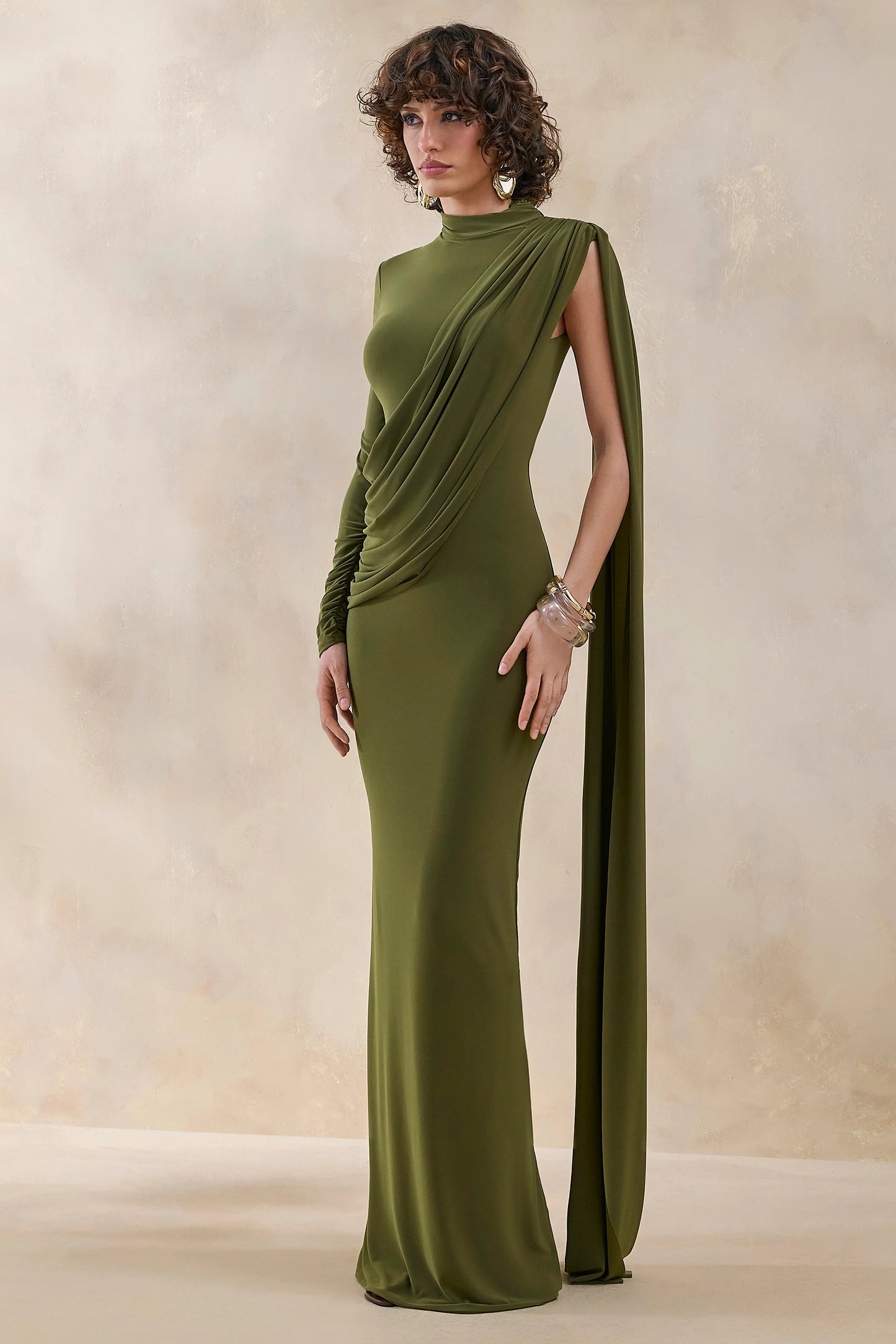 Oliria Olive High-Neck Maxi Dress With One-Long Sleeve And Sash-Detail