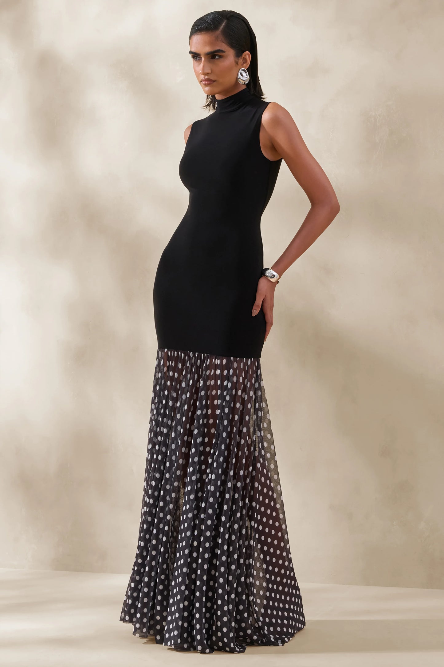 Felina Black High-Neck Maxi Dress With Sheer-Skirt