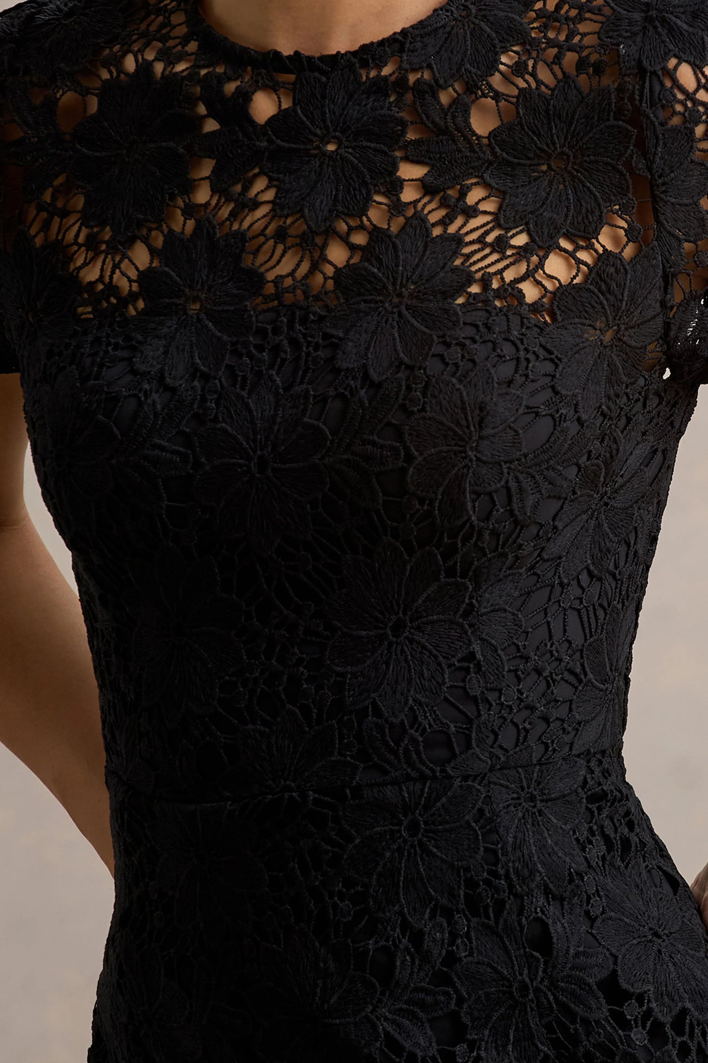 Clarissa Black Lace Short-Sleeve Midi Dress
