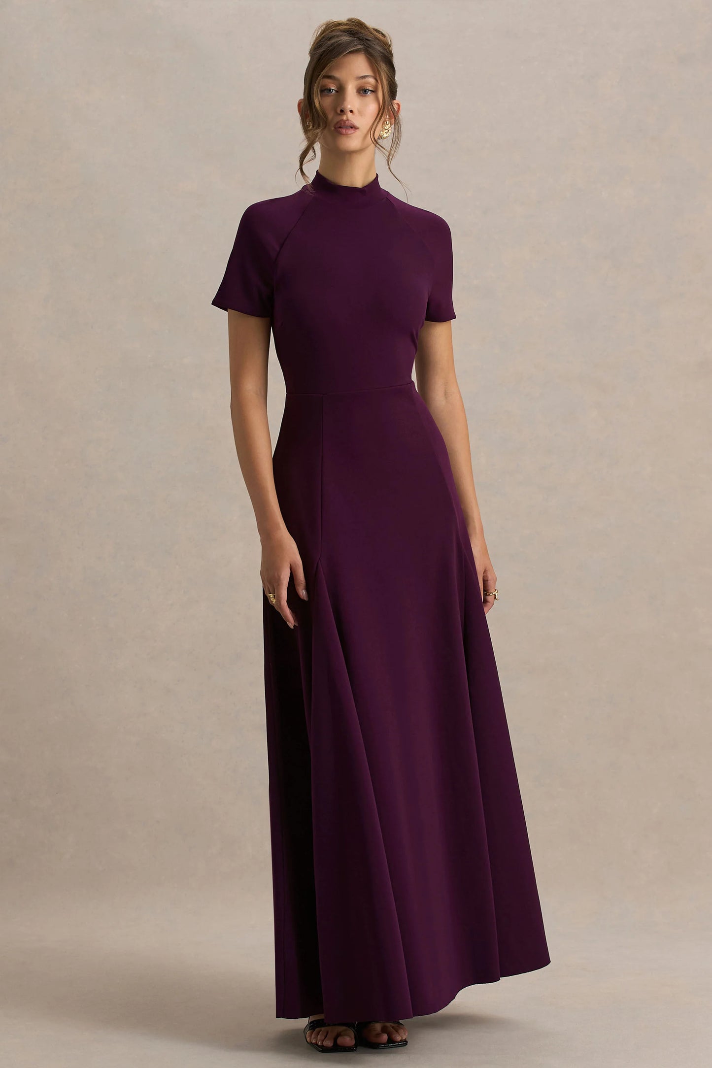 Alea Burgundy High-Neck Short-Sleeve Maxi Dress
