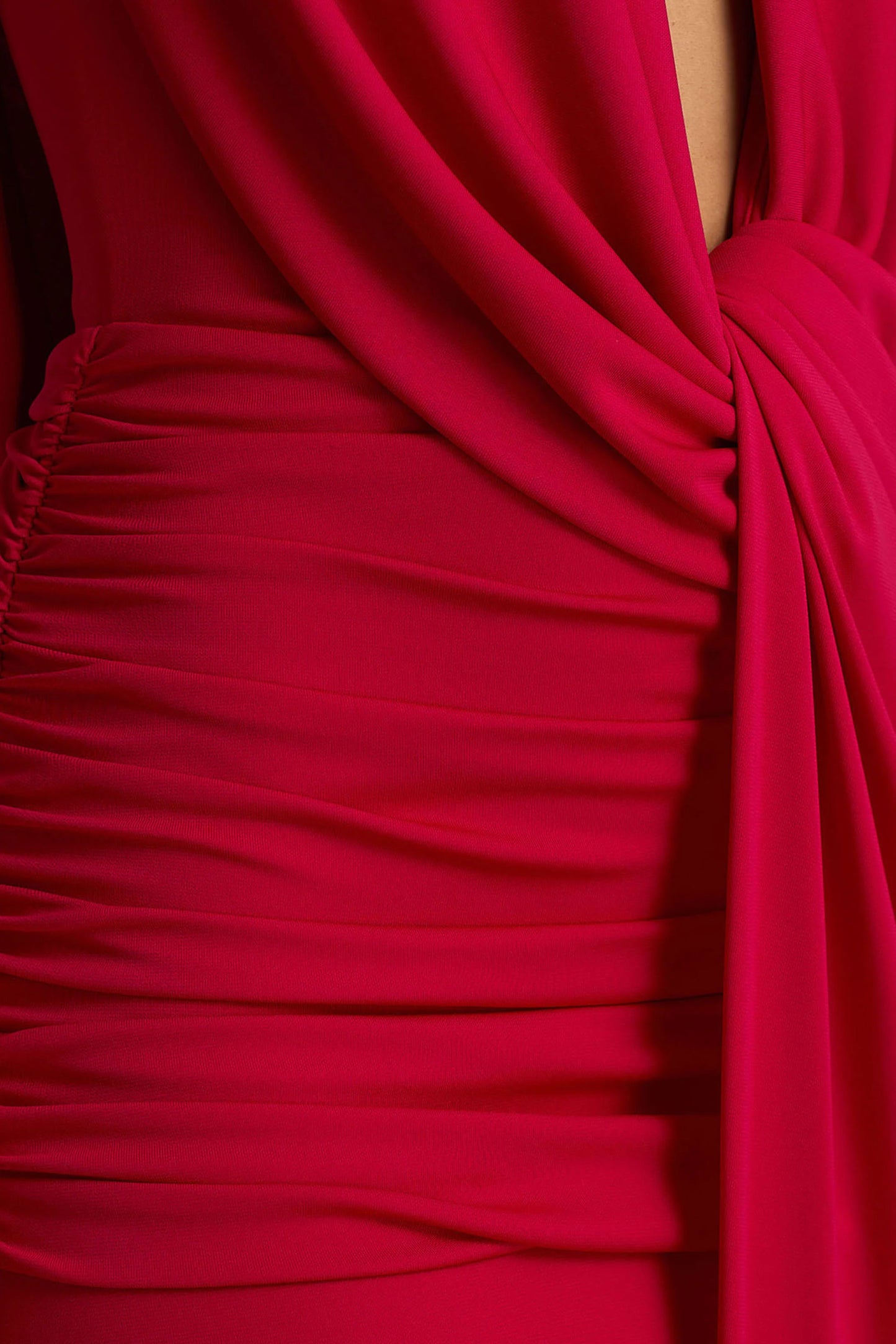 Serafina Red Extreme-Plunge Maxi Dress With Ruched Detailing And Open-Back