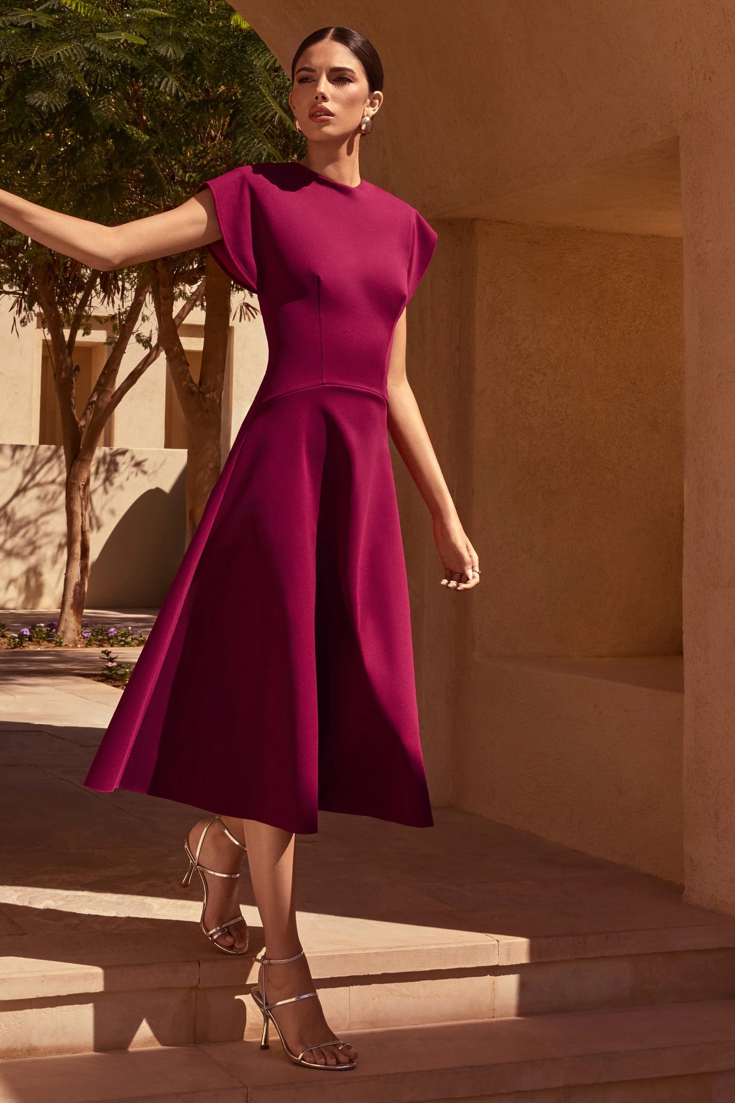 Linda Dark Cherry Crew-Neck Cap-Sleeve Midi Dress