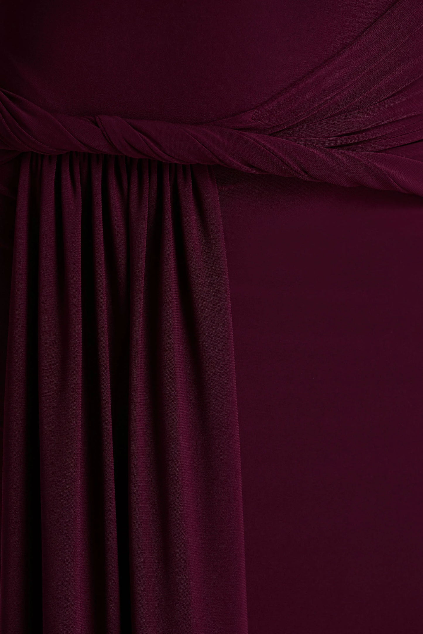 Tulisa Burgundy Asymmetric-Neck Maxi Dress With Twist Sleeves And Ruched Detailing