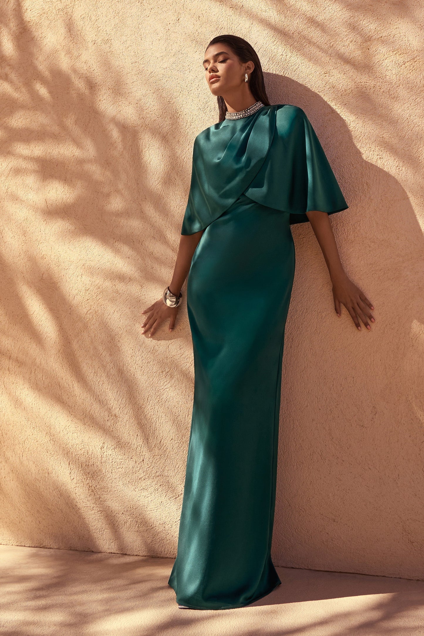 Diletta Bottle Green Cape Maxi Dress