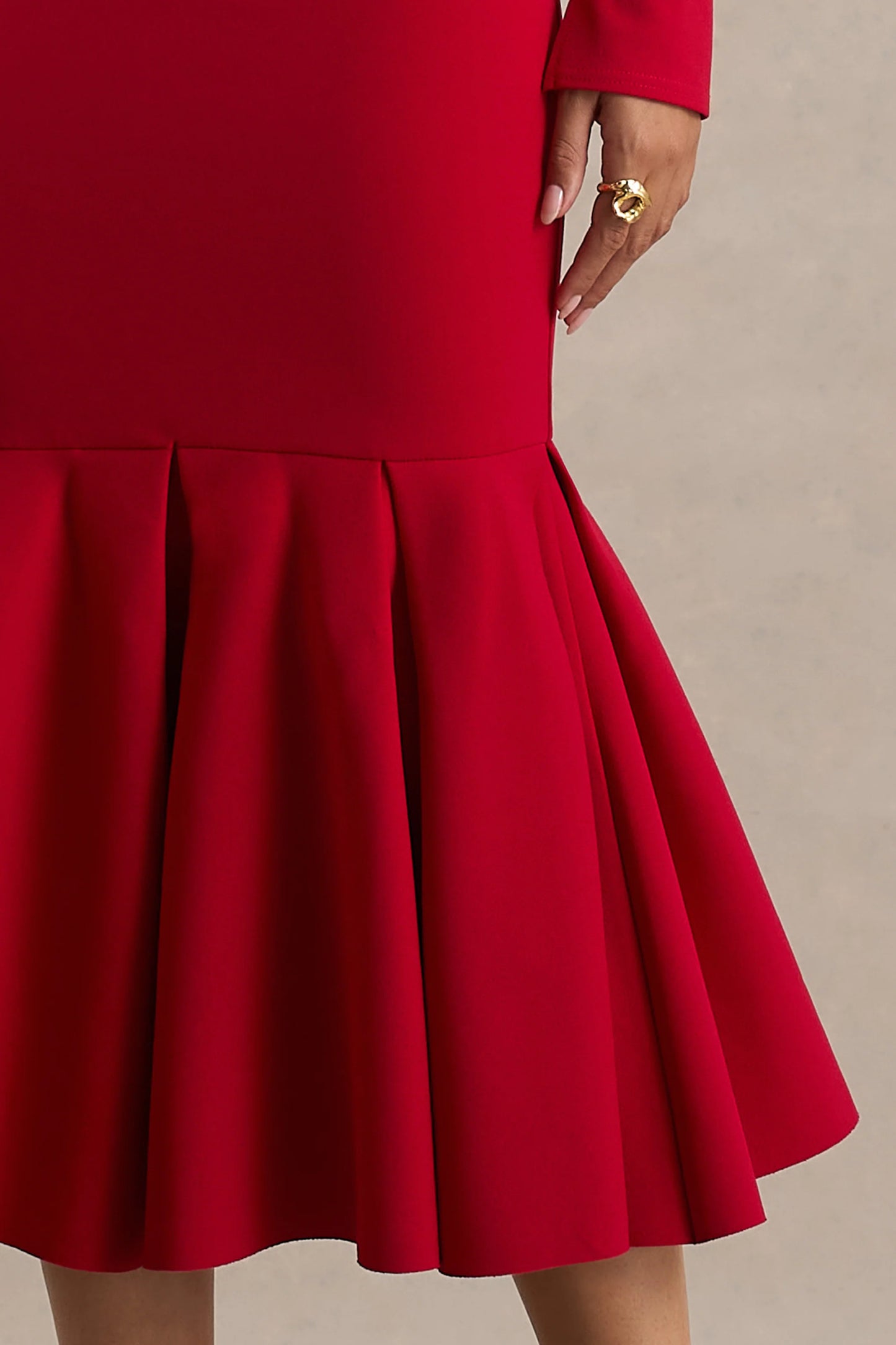 Liberty Red High Neck Mermaid Midi Dress With Ruffling Detail