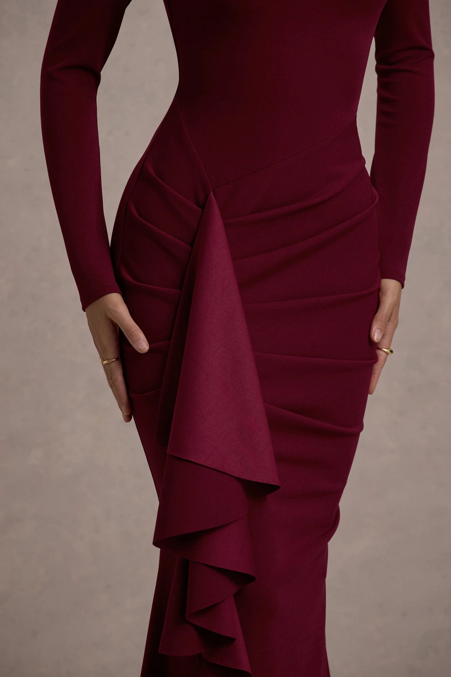 Alayna Berry Long-Sleeve Maxi Dress With Ruffled Split