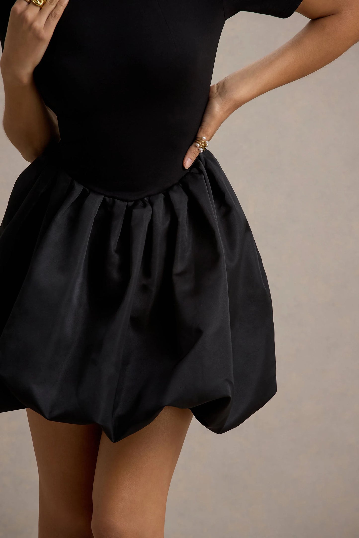 Blake Black Short-Sleeve Mini Dress With Satin Puffball Skirt