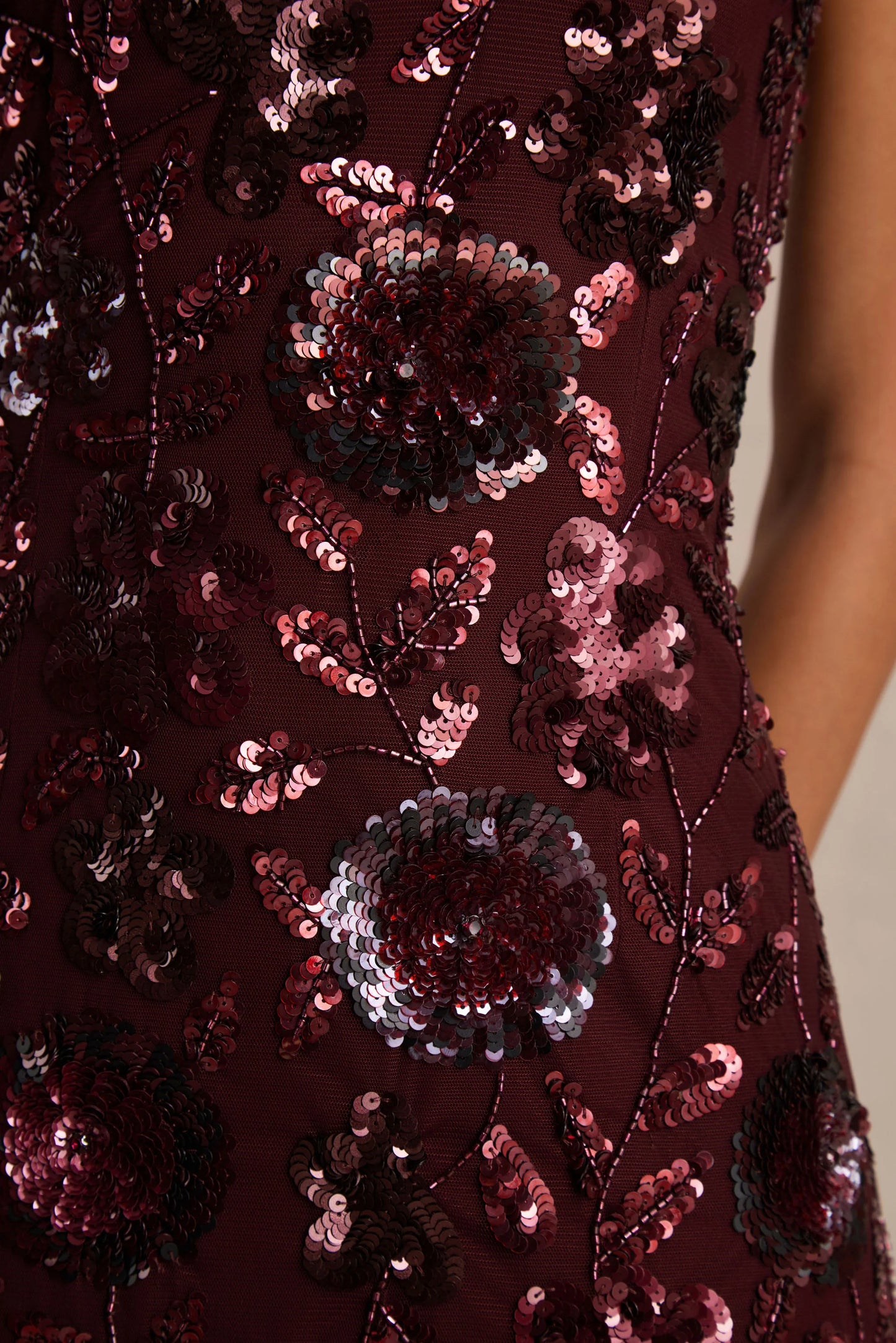 Gemini Burgundy Floral Sequin Embellished Strappy Maxi Dress