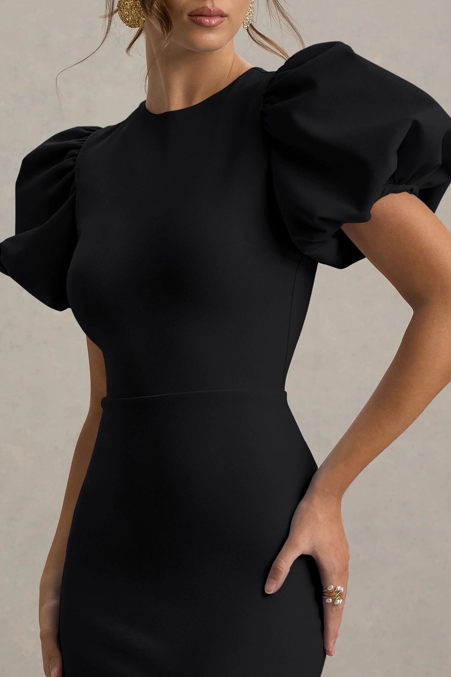 Dakota Black Puff-Sleeve Midi Dress