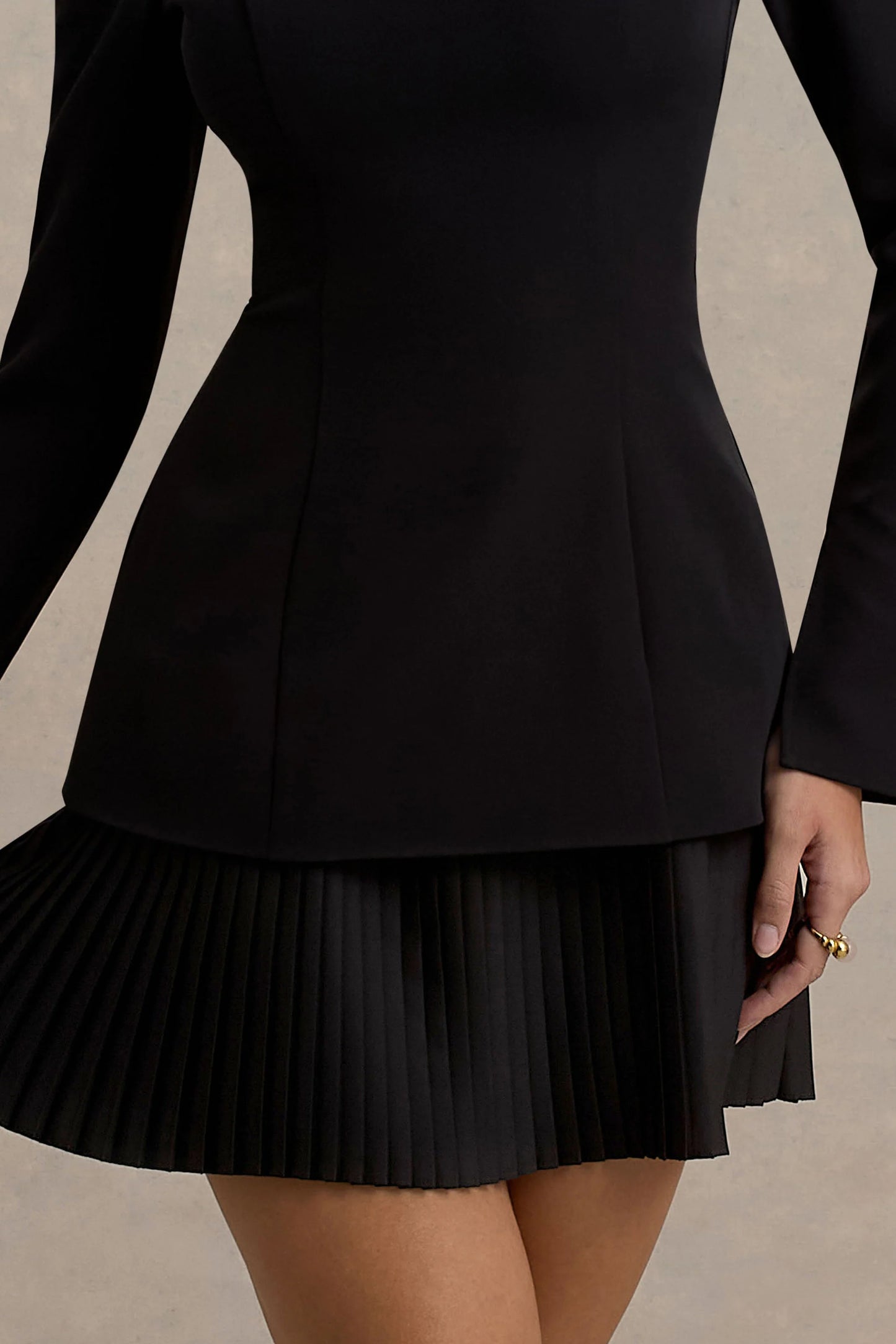 Athena Black Long-Sleeve Mini Dress With Pleated Hem