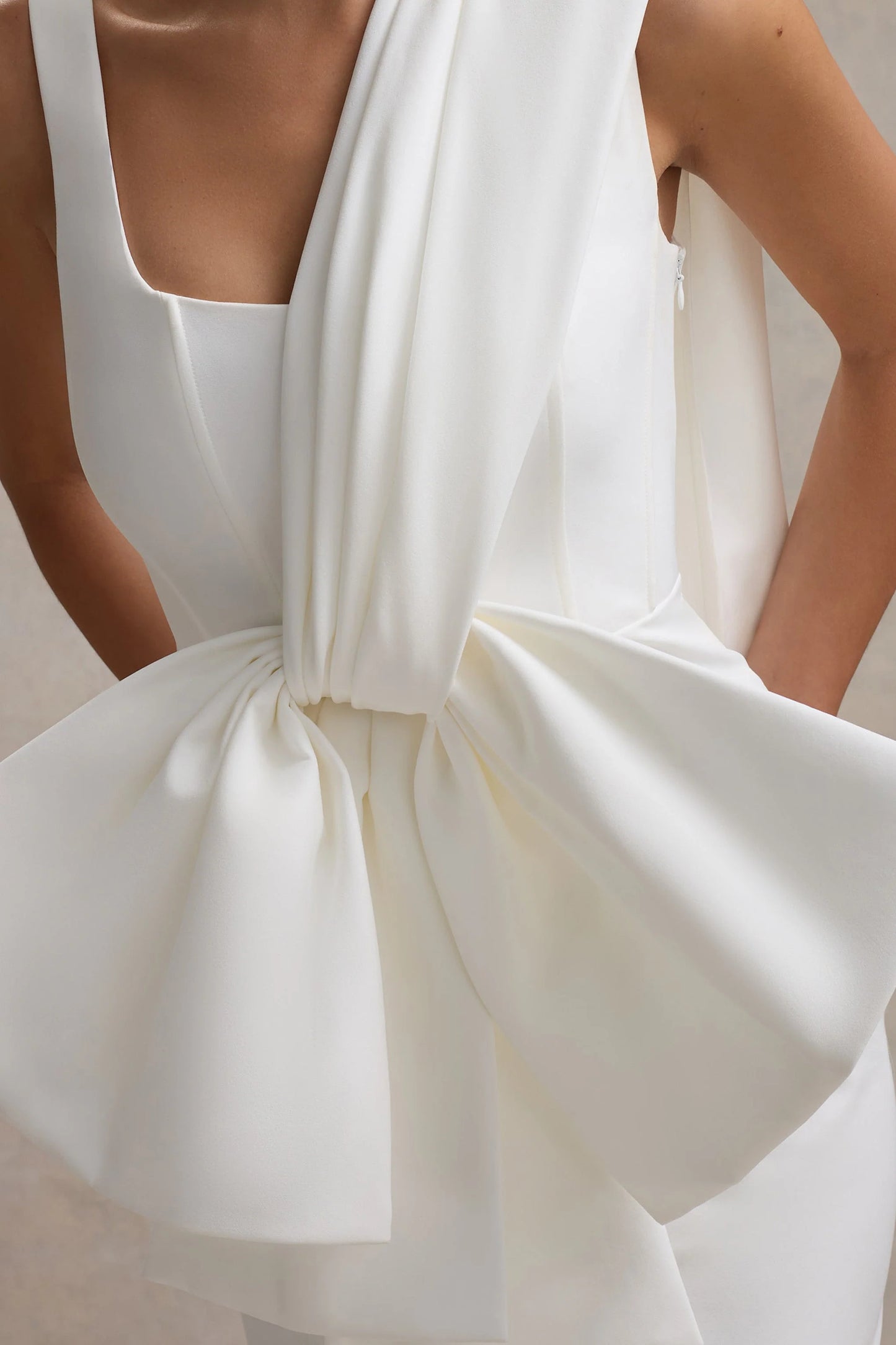 Brulee Cream Scoop-Neck Sash Mini Dress With Bow