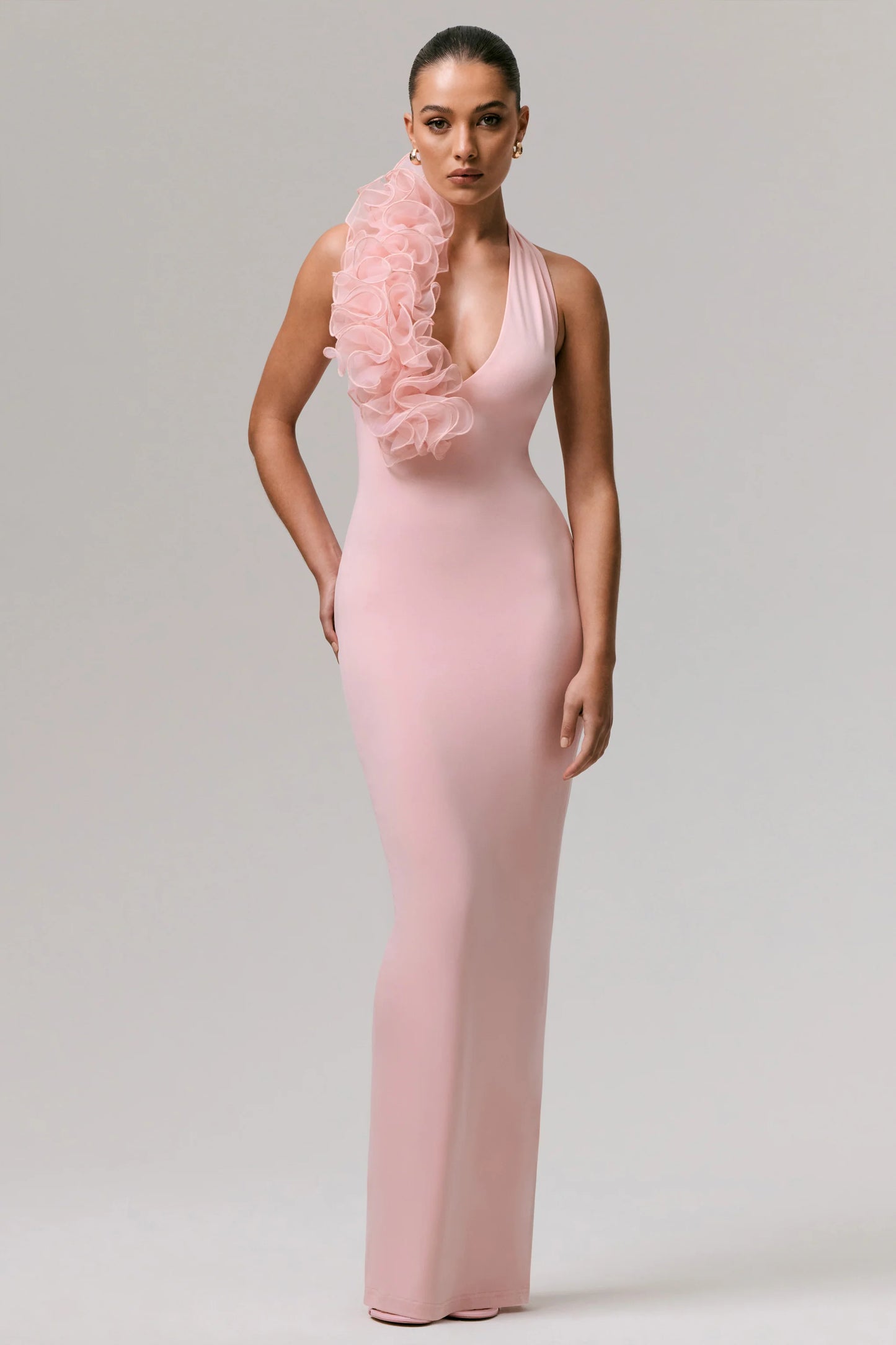 Harriet Pink Plunge-Neck Maxi Dress With Floral Detail