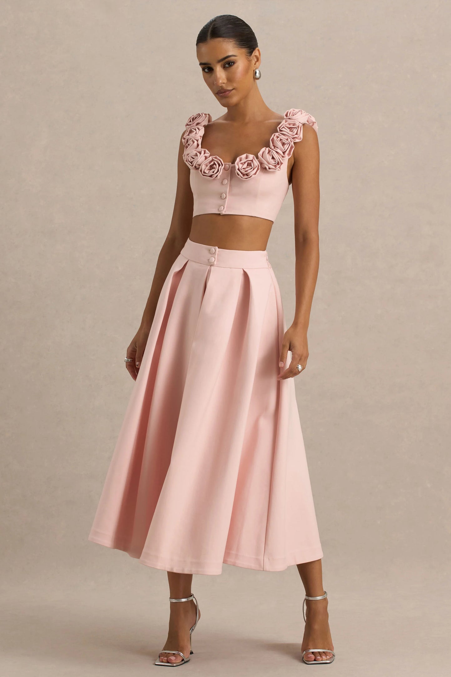 Sara Baby Pink Midi Skirt With Buttons