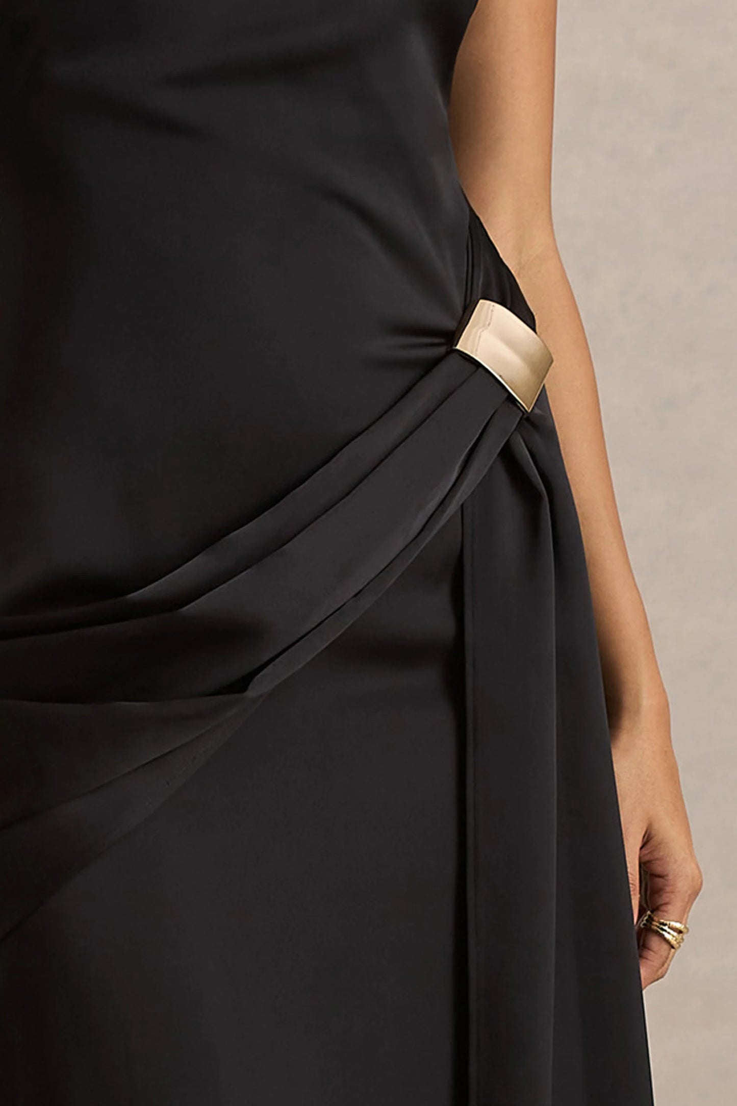 Influence Black Satin Slashed-Neck Maxi Dress With Embellished Detail And Sash