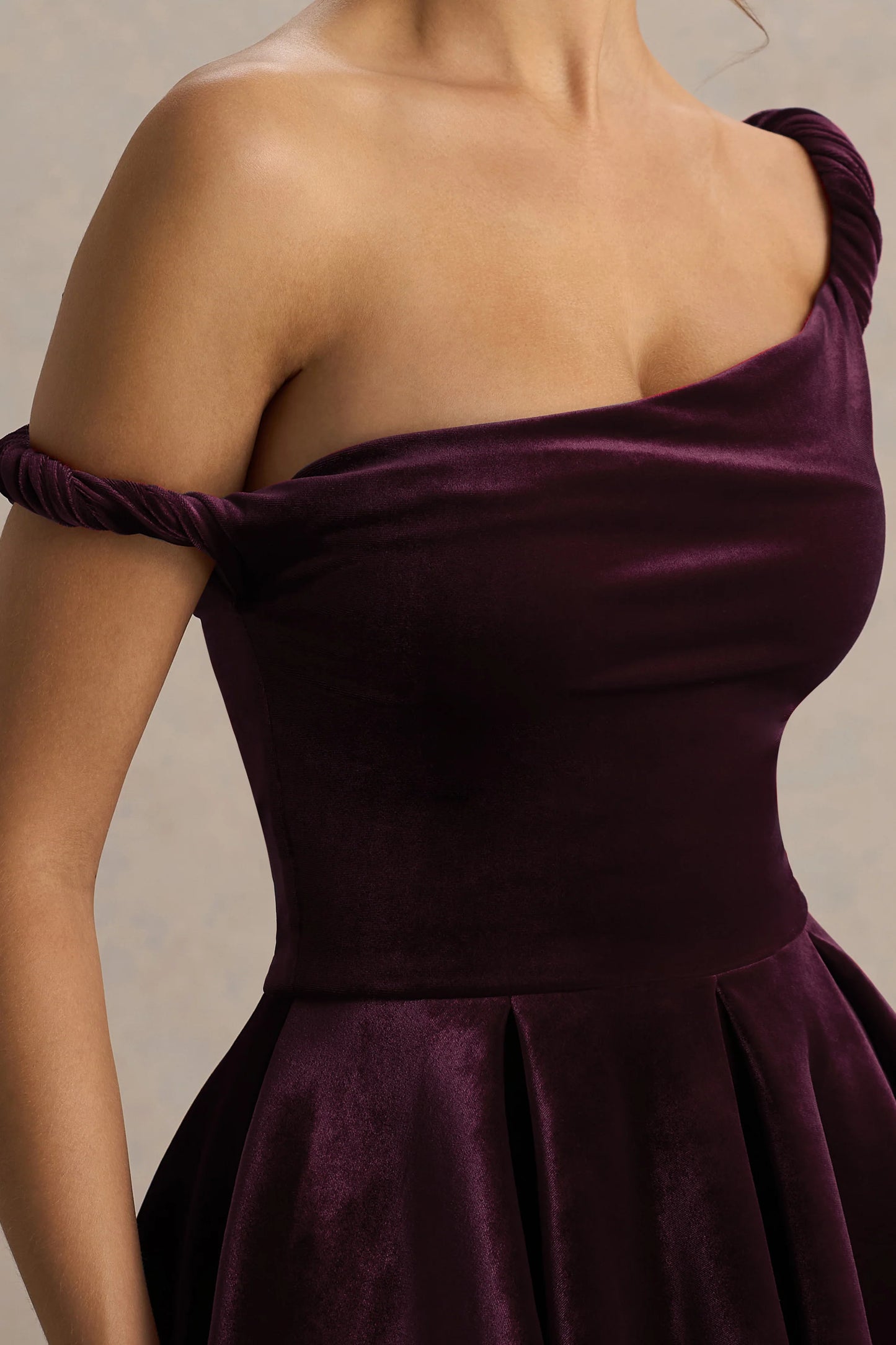 Leticia Burgundy Velvet Asymmetric-Neck Velvet Mini Dress With Twist-Sleeve