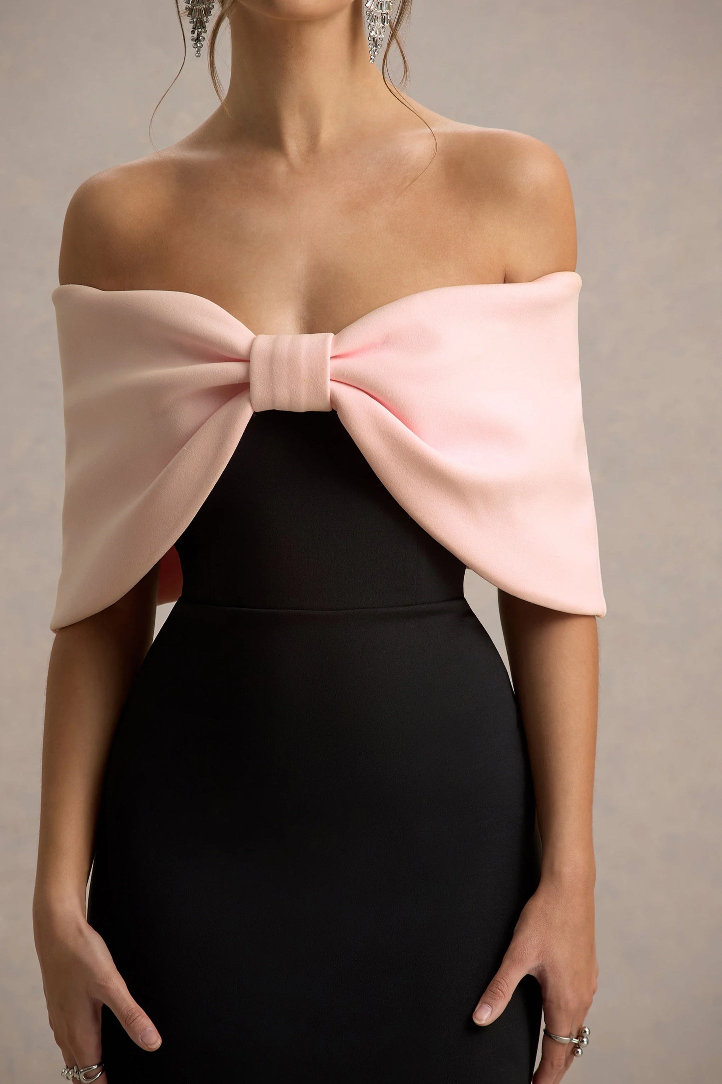 Sadie Black & Pink Bow Bardot Mini Dress