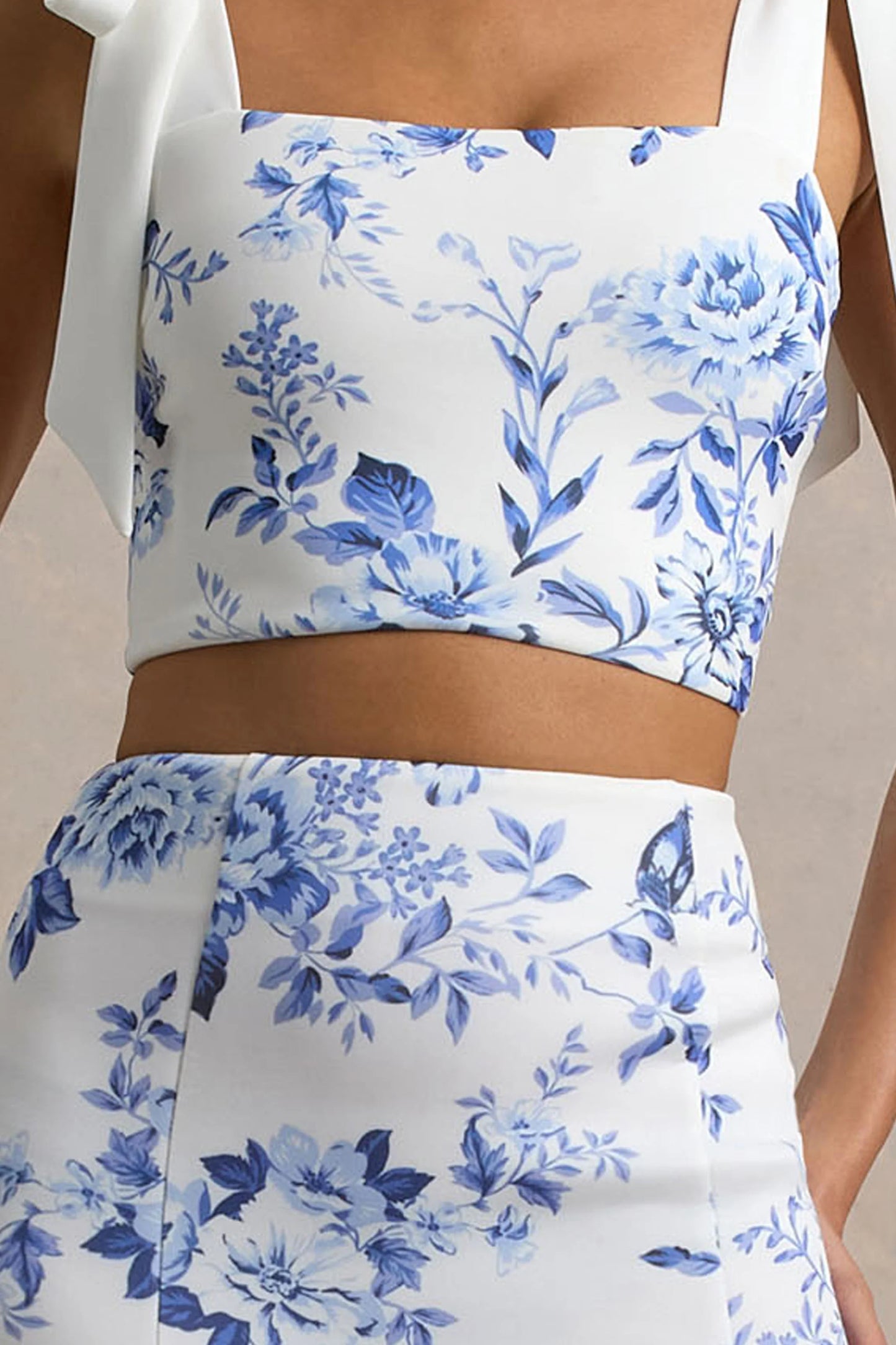 Phoebe Blue Porcelain Print Crop Top With Tie Straps Tie