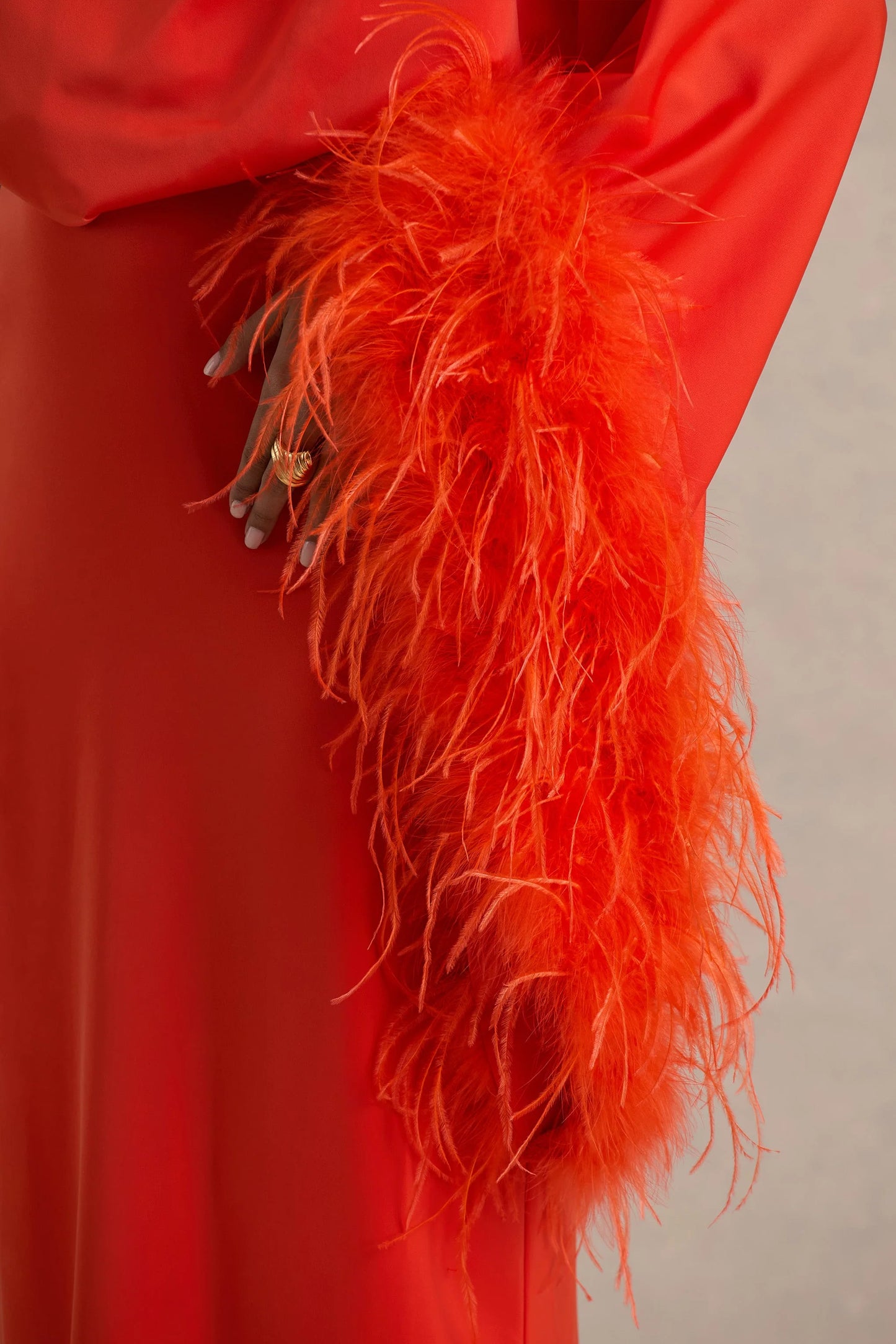 Felicity Orange Satin Asymmetric-Neck Maxi Dress With Feather Detailing