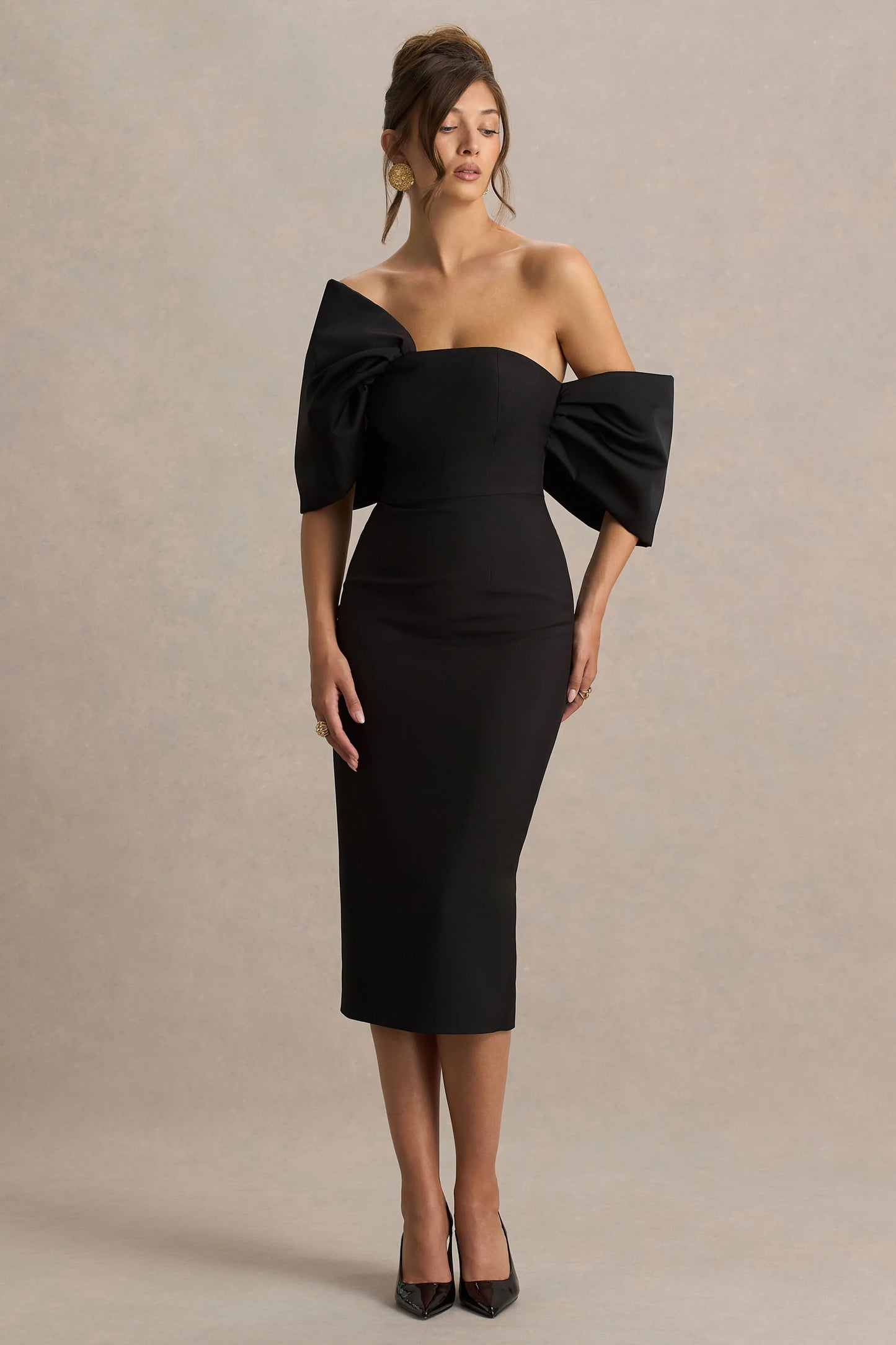 Lucille Black Asymmetric Bardot Midi Dress With Bow Detail