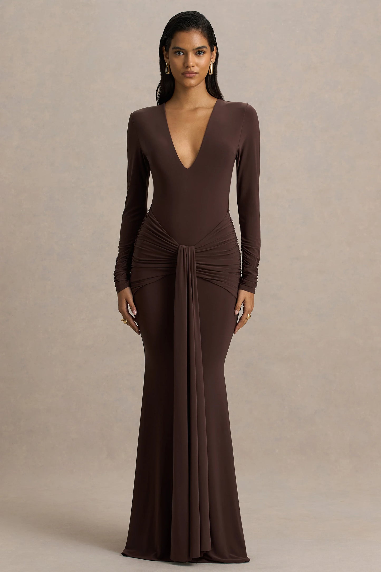 Saffie Chocolate Extreme-Plunge Wrap Maxi Dress With Long-Sleeves And Ruched Detailing