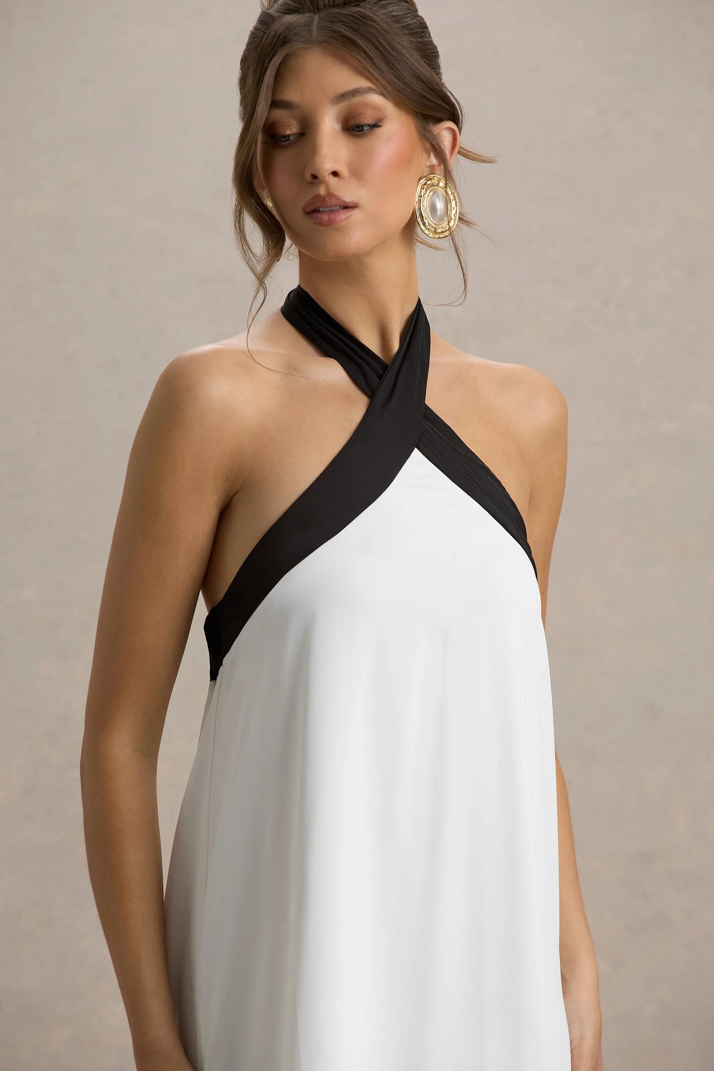 Clarabella White & Black Halter-Neck Maxi Dress