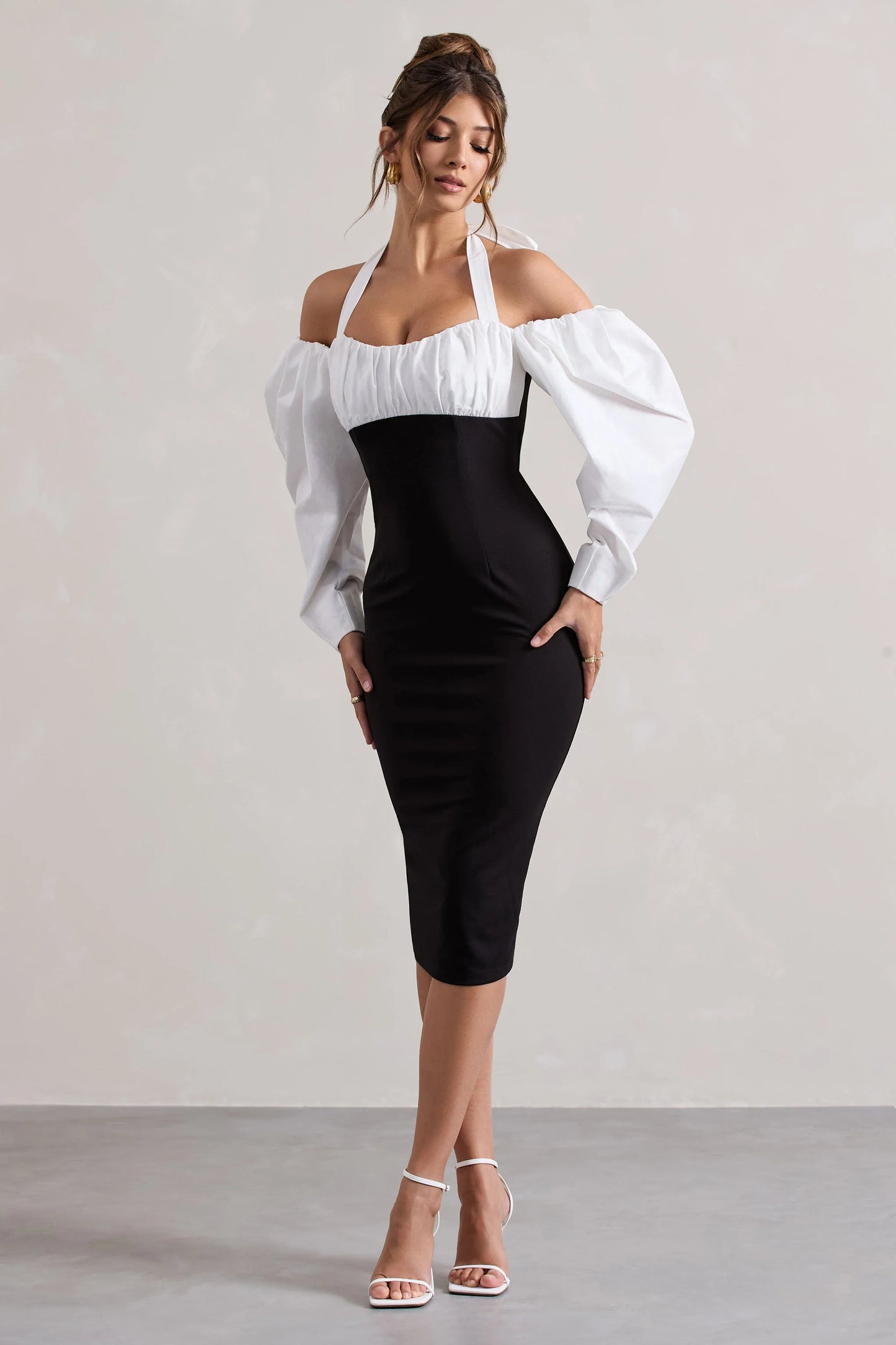 Couture Client Black Halter-Neck Puff Sleeve Midi Dress