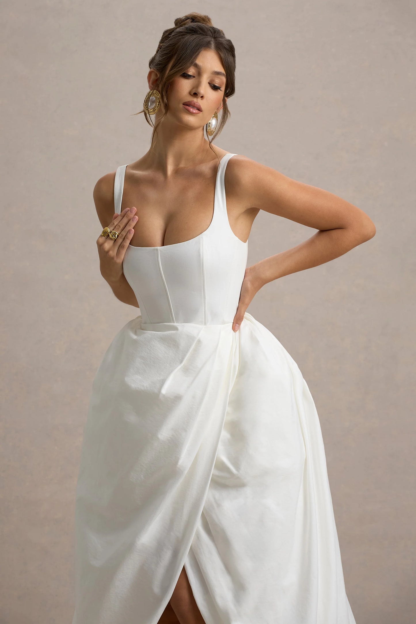 Infinite White Strappy Maxi Dress With Volume High-Low Skirt