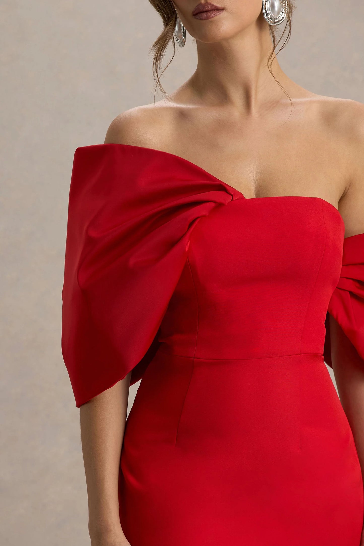 Lucille Red Asymmetric Bardot Midi Dress With Bow Detail