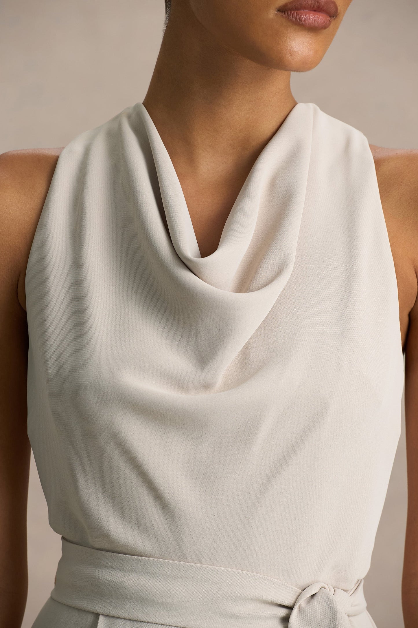 Corina Nude Cowl-Neck Jumpsuit With Tie-Detail