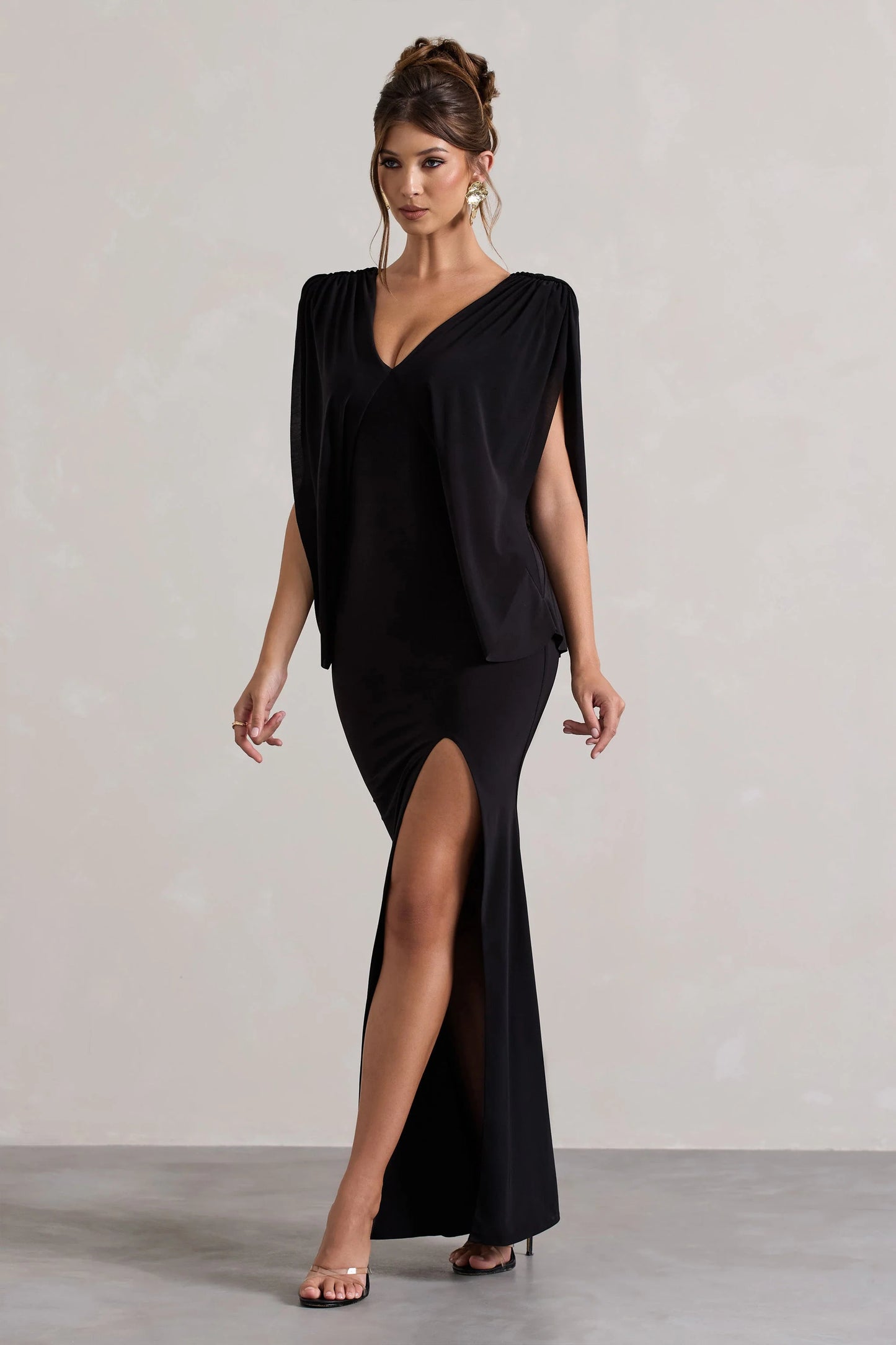 Perry Black V-Neck Cape Sleeve Split Maxi Dress