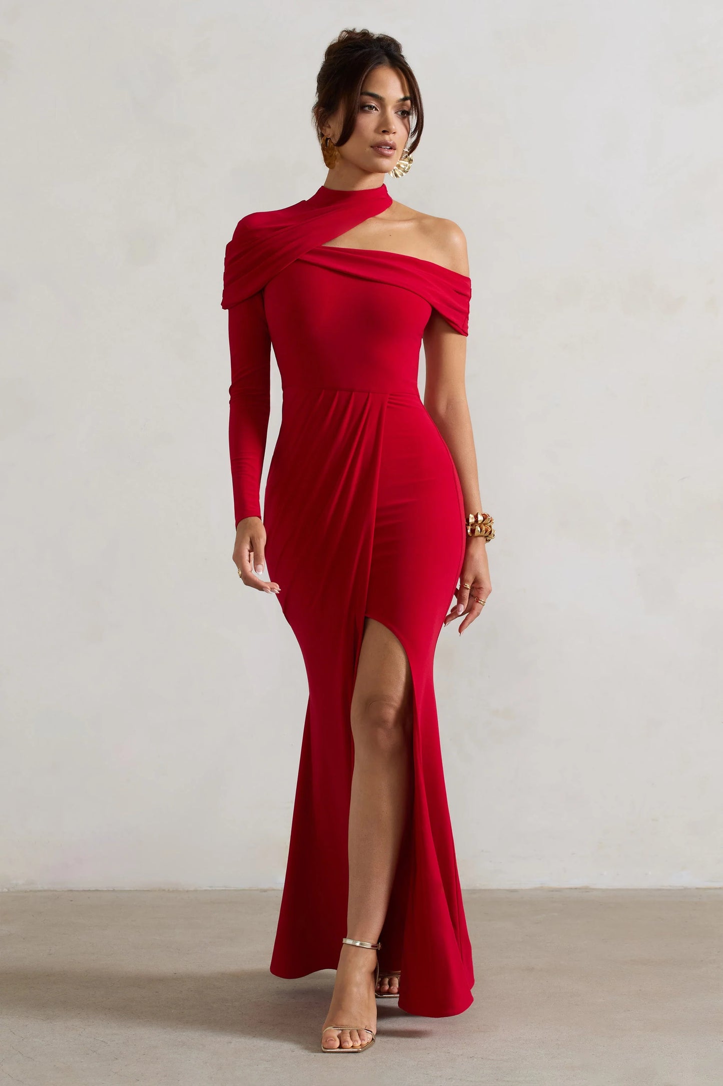 Tyla Red Asymmetric High-Neck Split Maxi Dress