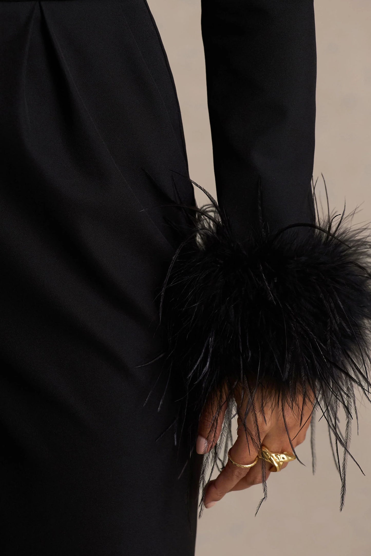 Lissy Black Plunge-Neck Jumpsuit With Feather-Detailed Sleeves