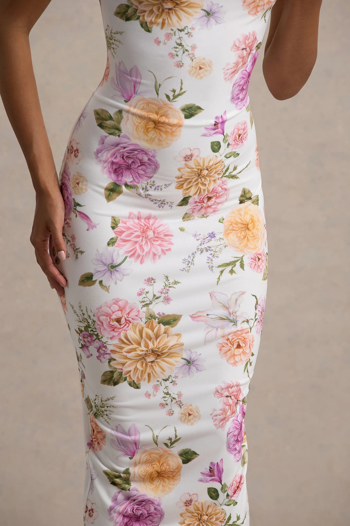 Nora Peach And Lilac Floral Twisted Asymmetric Midi Dress