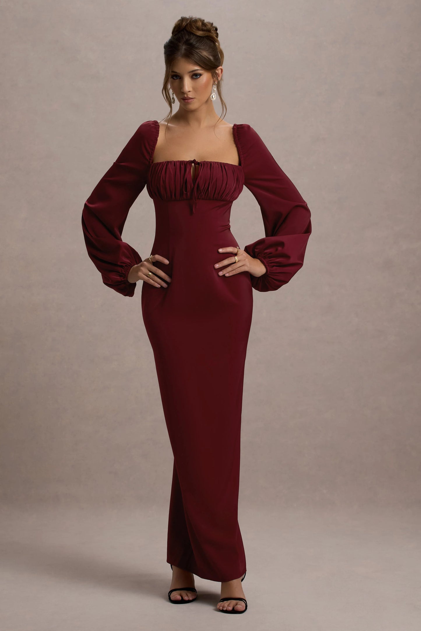 Nika Berry Satin Square-Neck Balloon-Sleeve Maxi Dress