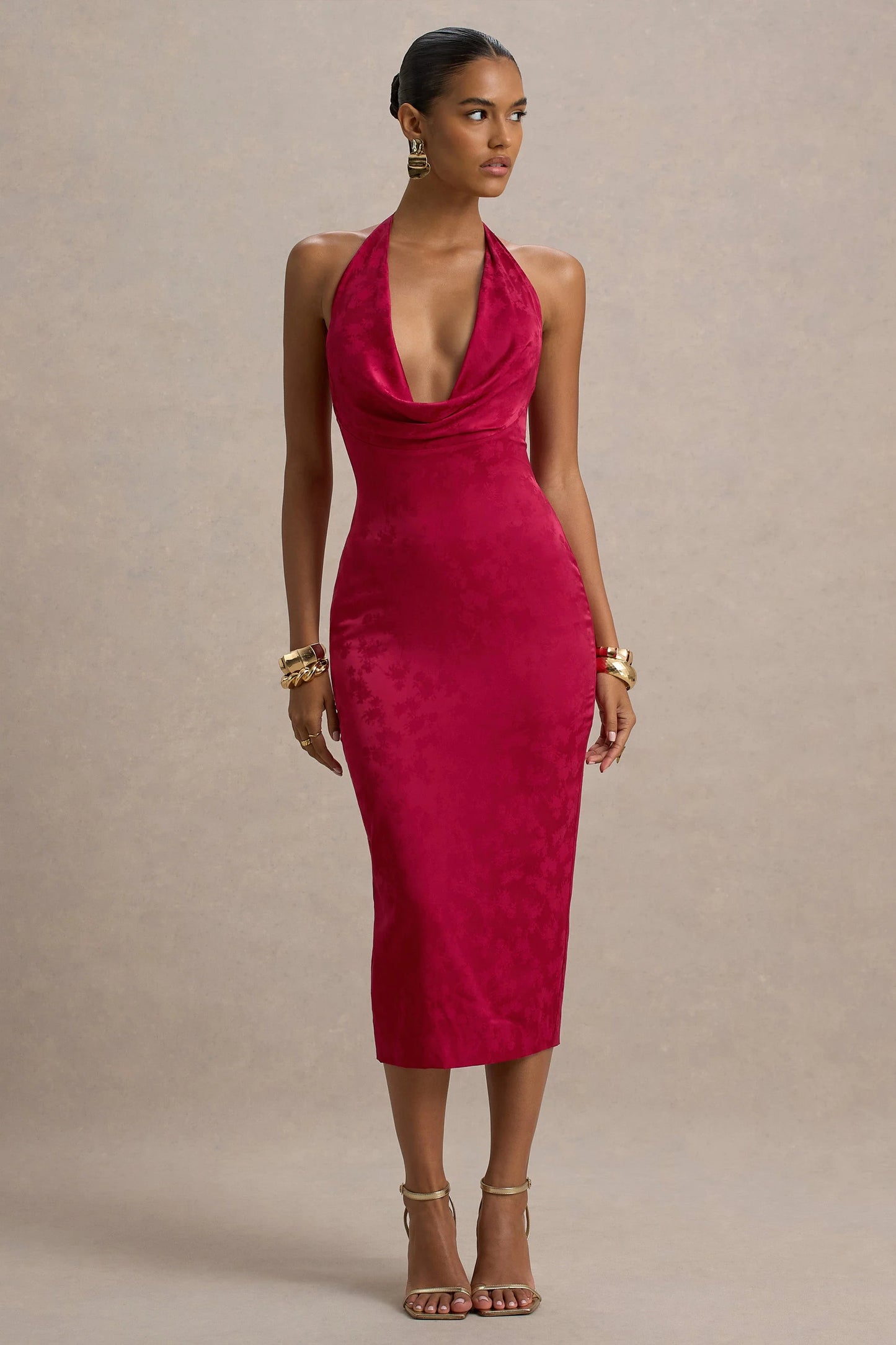 Aine Red Satin Jacquard Cowl-Neck Midi Dress