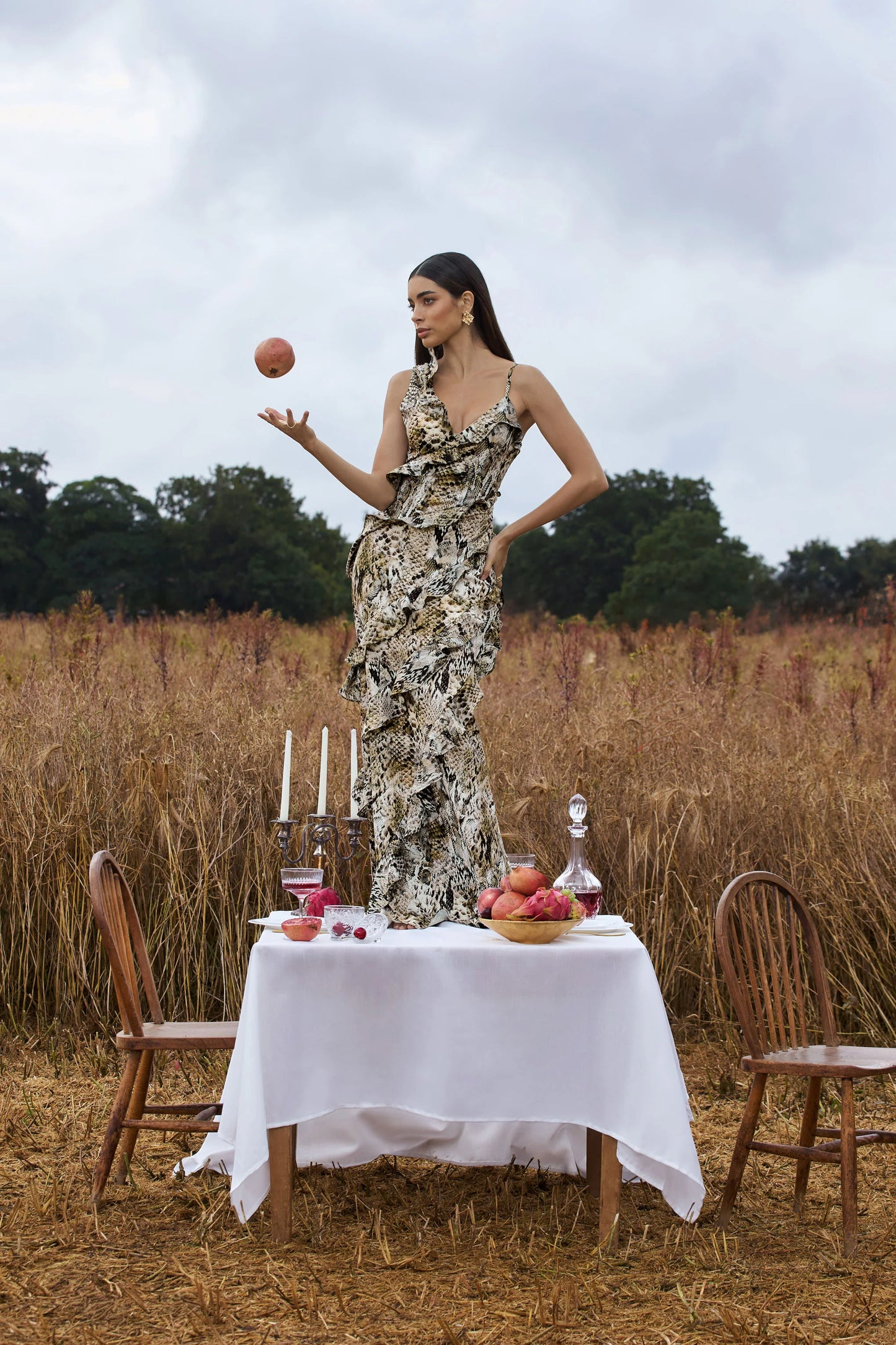 Wispy Snake Print Plunge-Neck Ruffled Maxi Dress