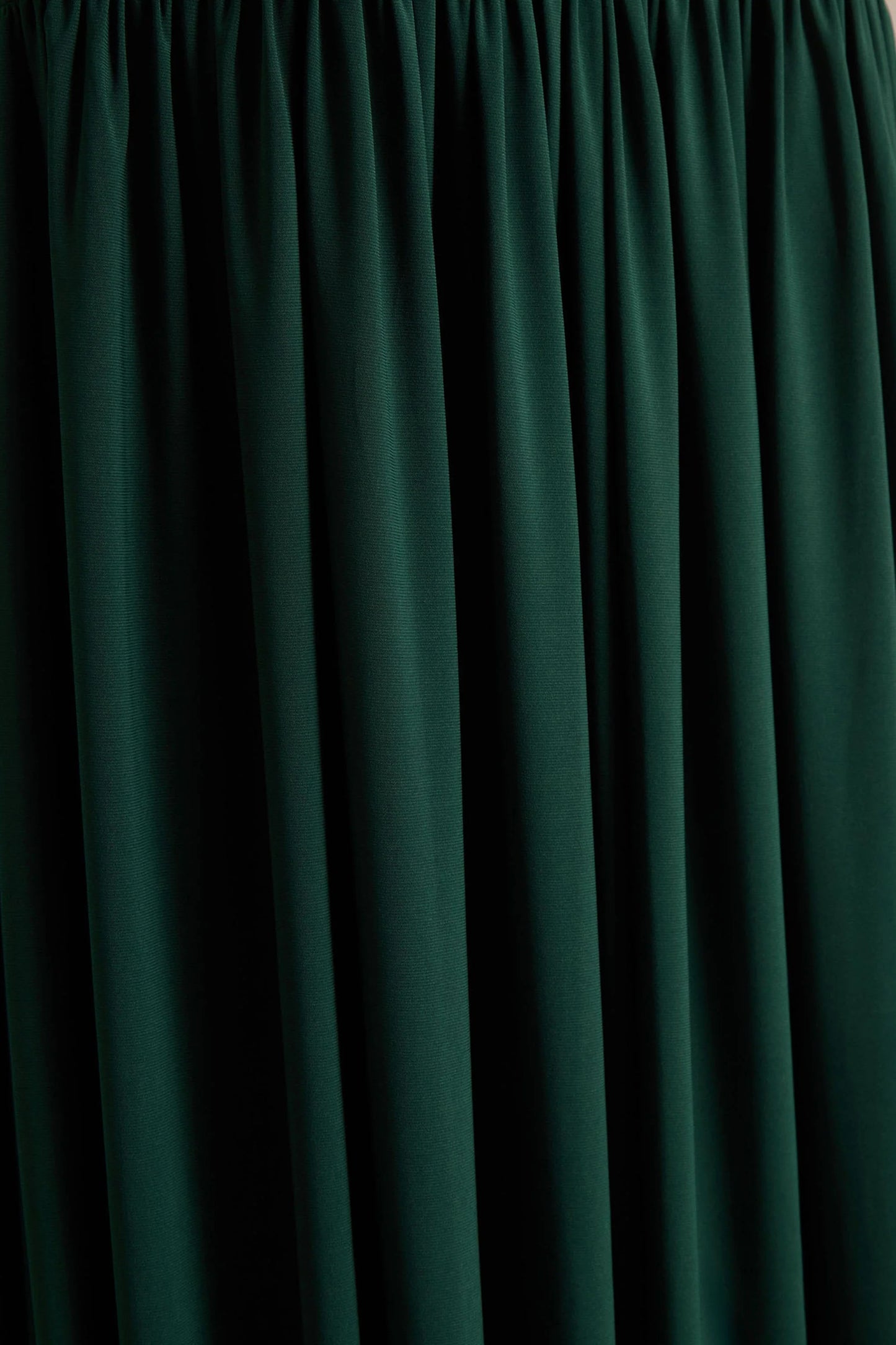 Kady Dark Green Asymmetric-Neck Maxi Dress With Ruched Detailing