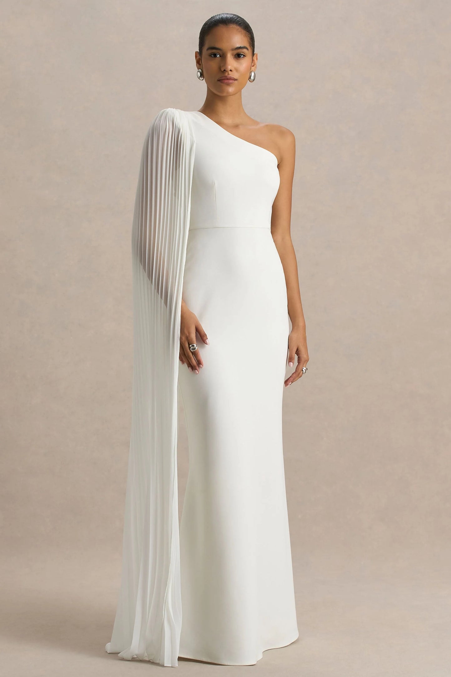 Athens White Asymmetric-Neck Maxi Dress With Cape Sleeve Detail