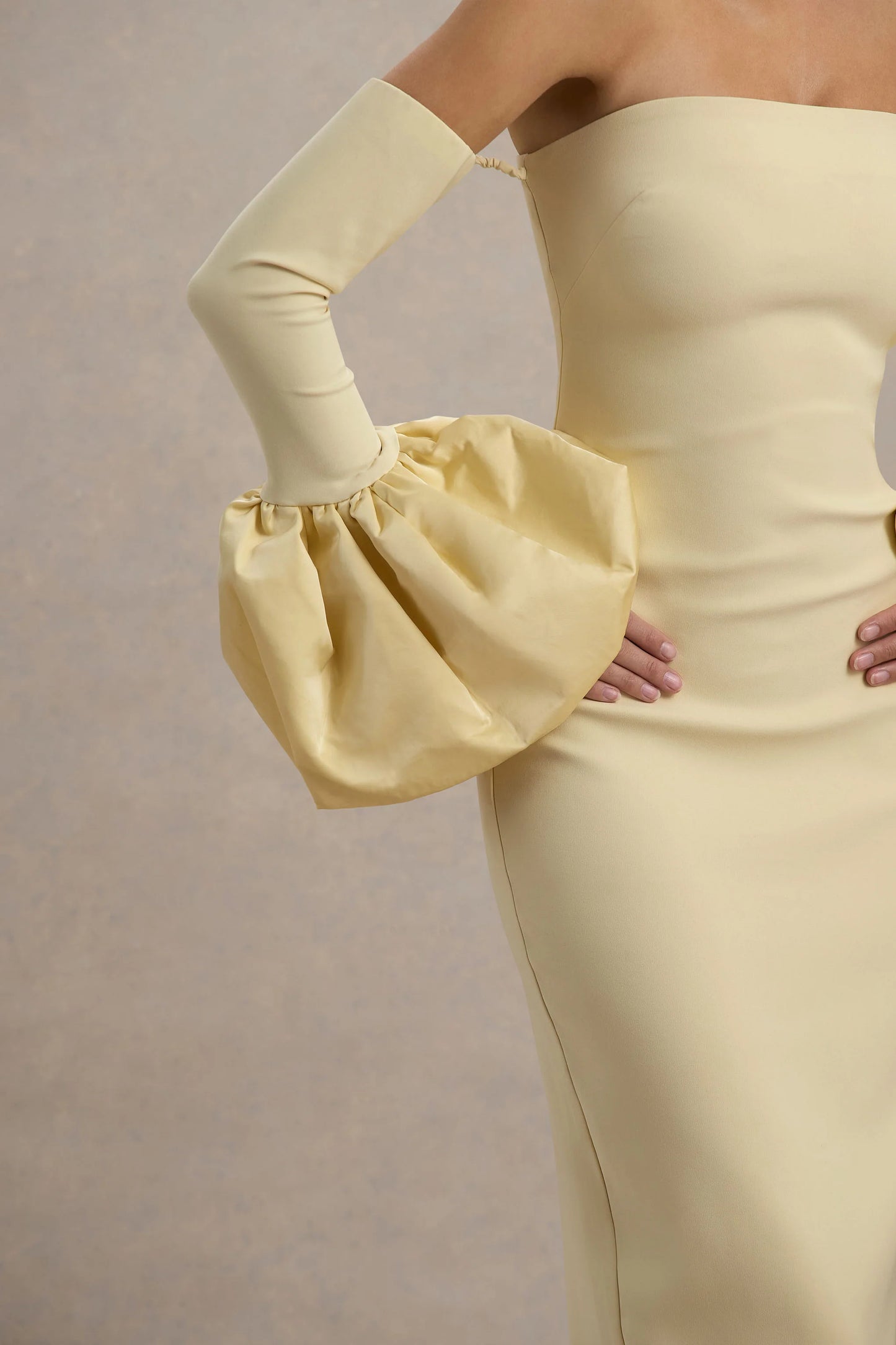 Myah Lemon Bandeau Long-Sleeve Maxi Dress With Puff Cuffs