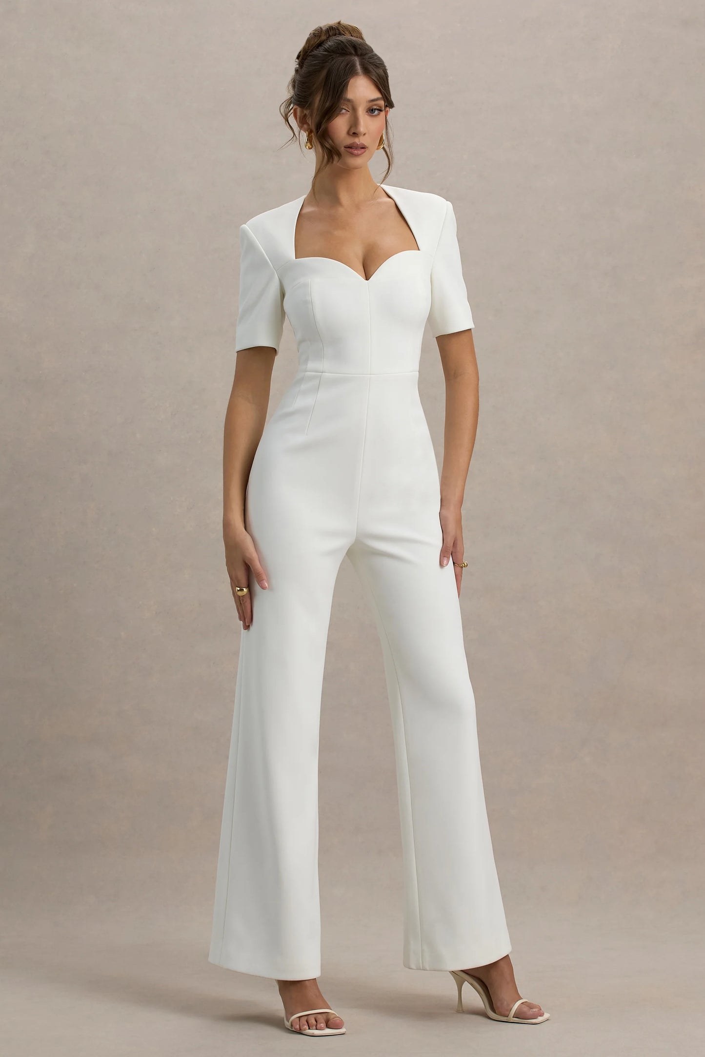 Simone White Sweetheart Short-Sleeve Wide-Leg Jumpsuit