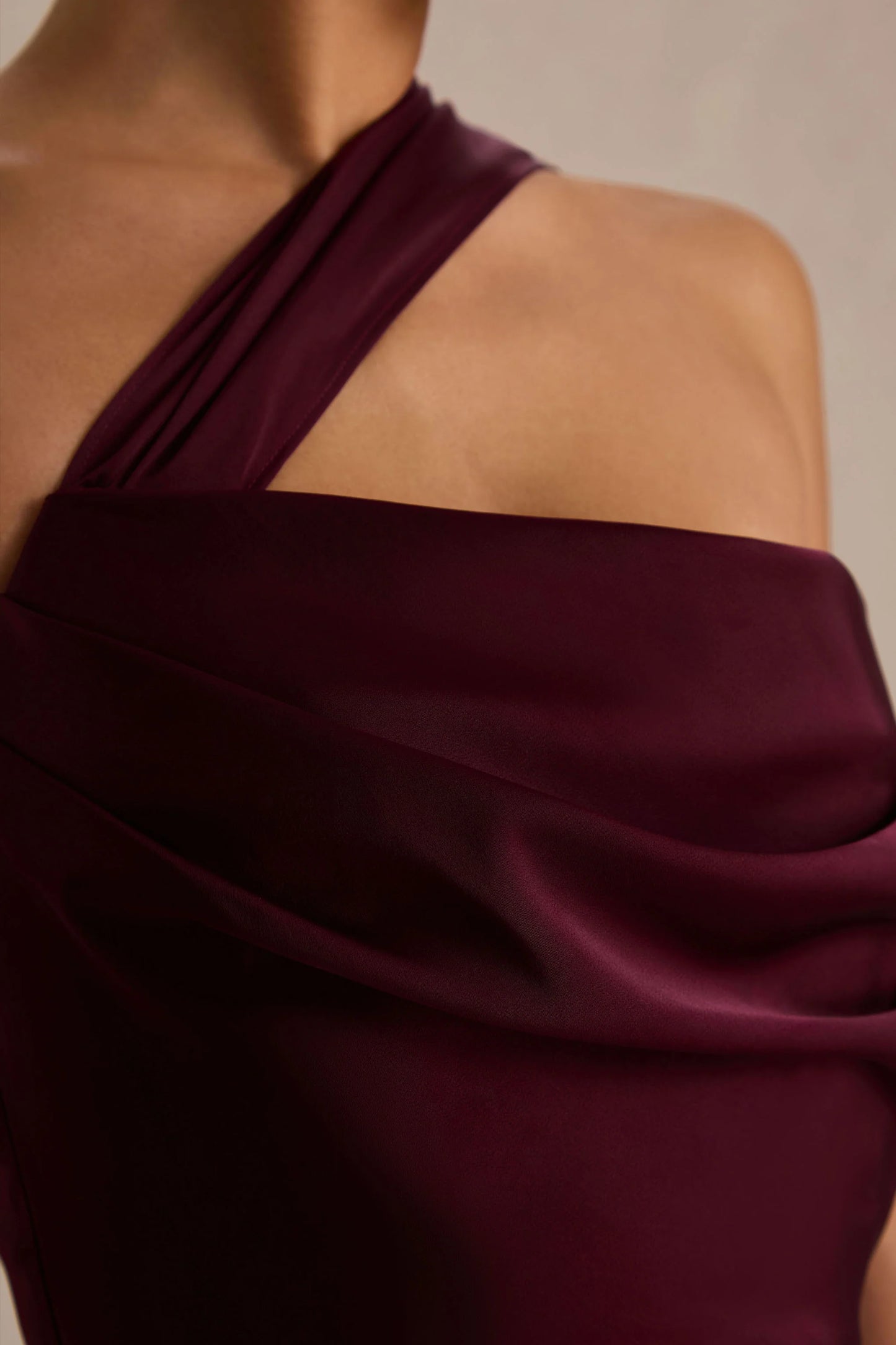 Yazmin Burgundy Satin Asymmetric Maxi Dress With One-Sleeve Cape