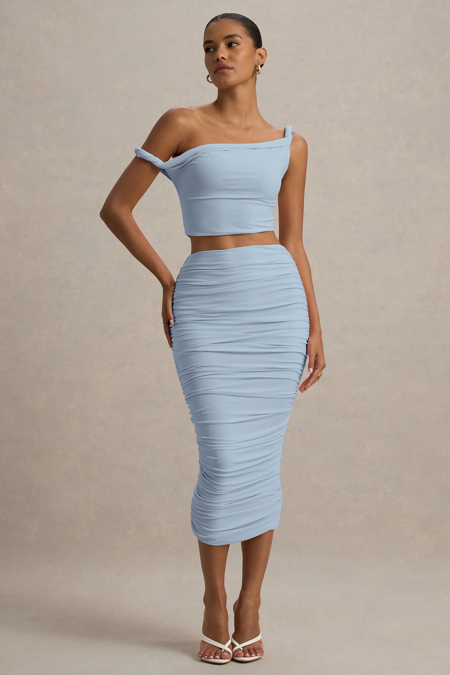 Lively Powder Blue Ruched Midi Skirt