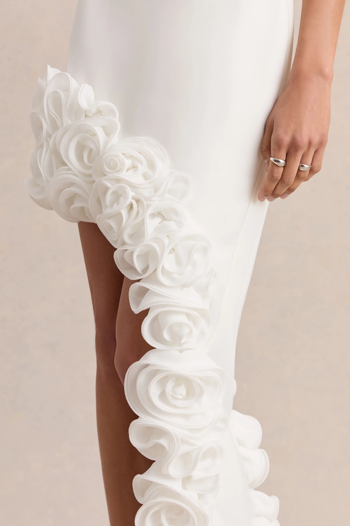 Indira White Halter-Neck Maxi Dress With Asymmetric-Floral Hem