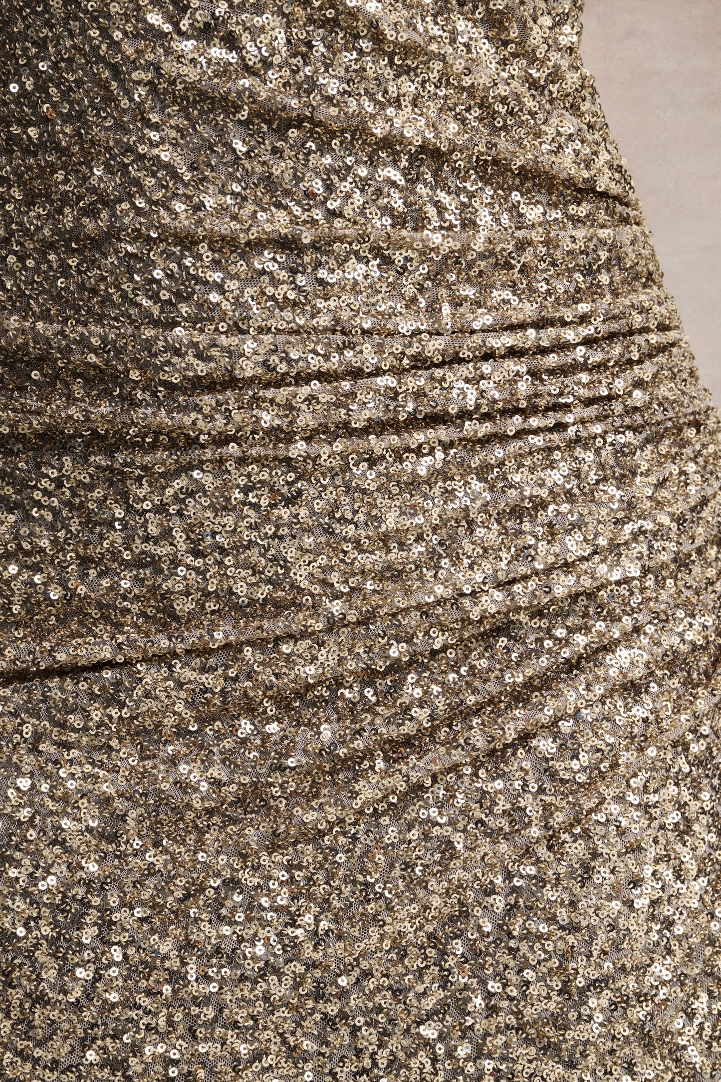 Gio Champagne Sequin Plunge-Neck Wrap Maxi Dress With Ruched Detailing